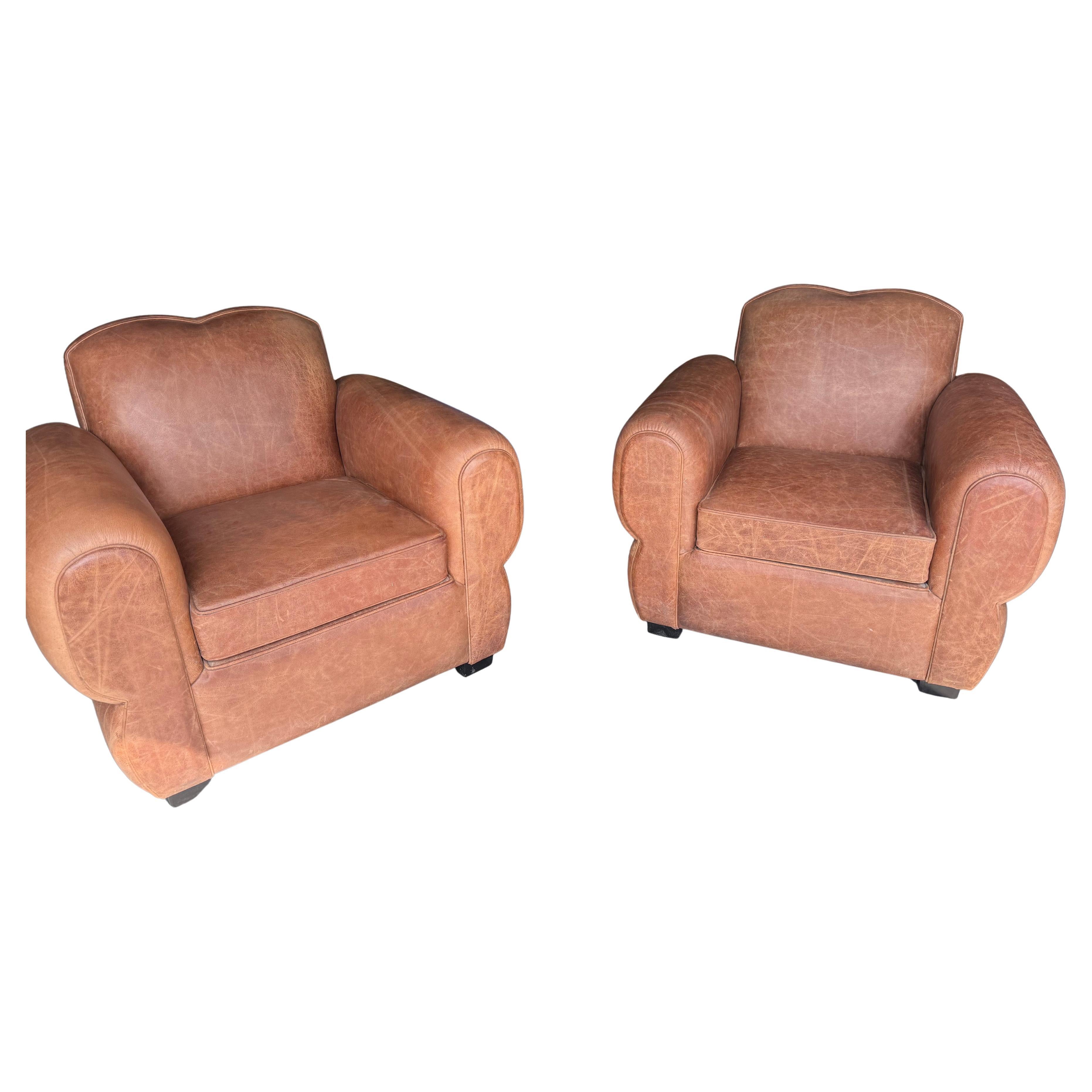 Restored Pair Restored French Art Deco Cigar Mustache Club Chairs