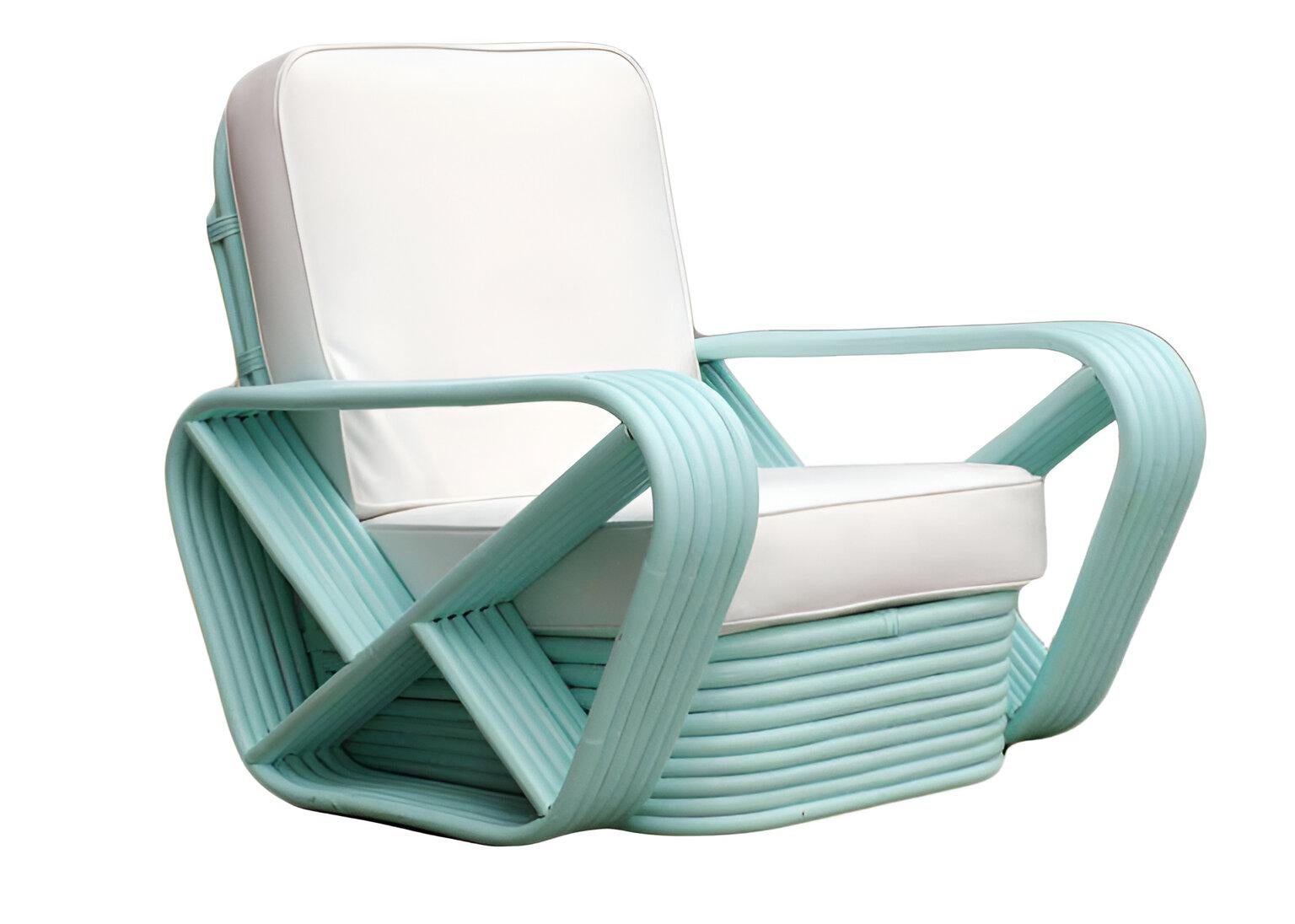Six-strand square pretzel arm rattan chairs with stacked bases in the style of Paul Frankl. Both chairs have been professionally custom painted in a teal finish.

1950, United States

Restored to new for you.

Sku: 20K20318.LN

We only purchase and
