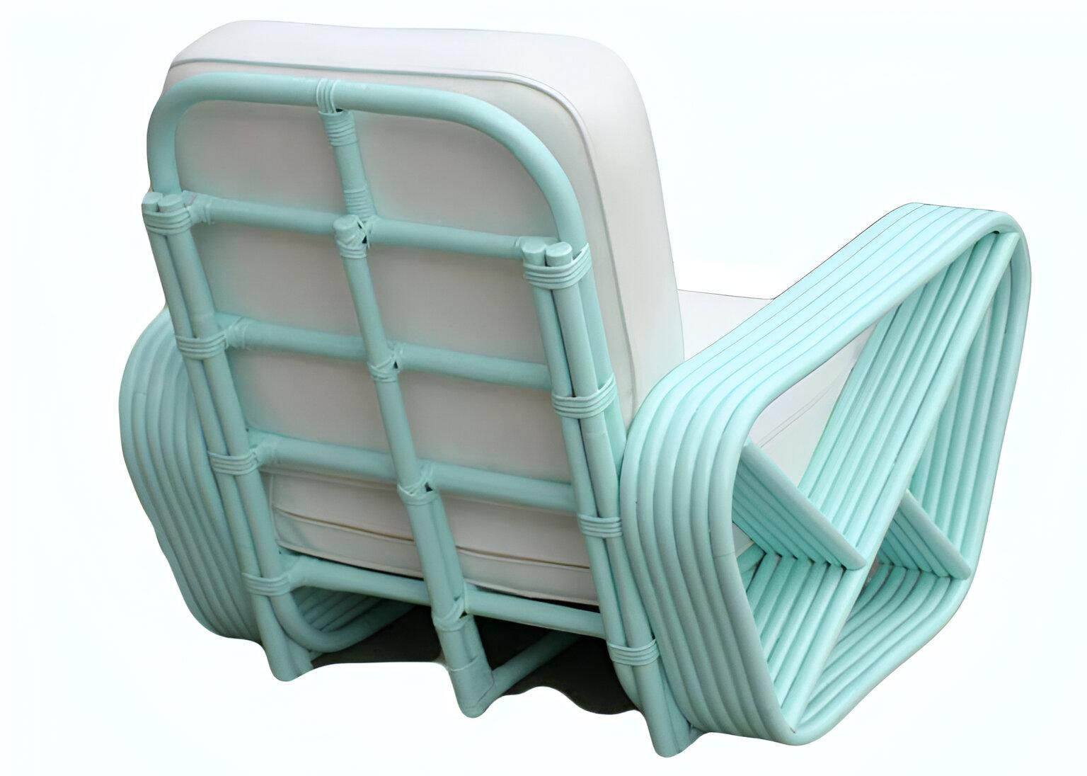 Restored pair Teal Square Pretzel Stacked Rattan Lounge Chairs in Style of Frank In Excellent Condition For Sale In Van Nuys, CA