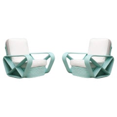 Restored pair Teal Square Pretzel Stacked Rattan Lounge Chairs in Style of Frank