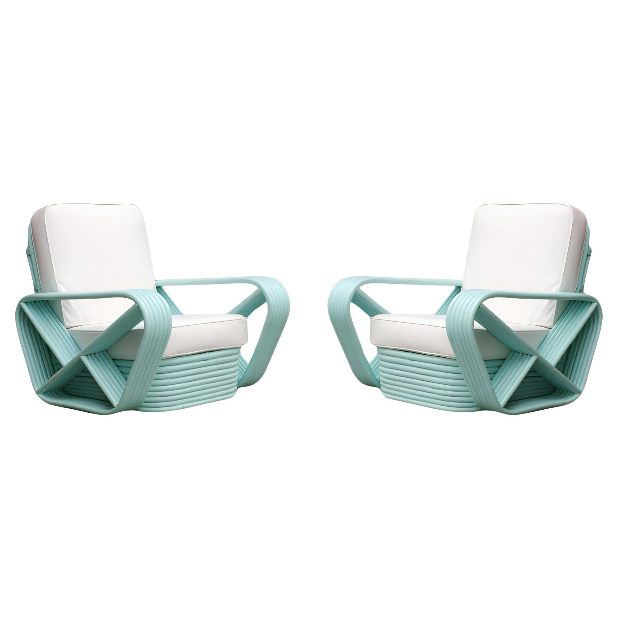 Restored pair Teal Square Pretzel Stacked Rattan Lounge Chairs in Style of Frank For Sale