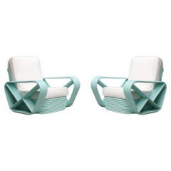 Vintage Restored pair Teal Square Pretzel Stacked Rattan Lounge Chairs in Style of Frank