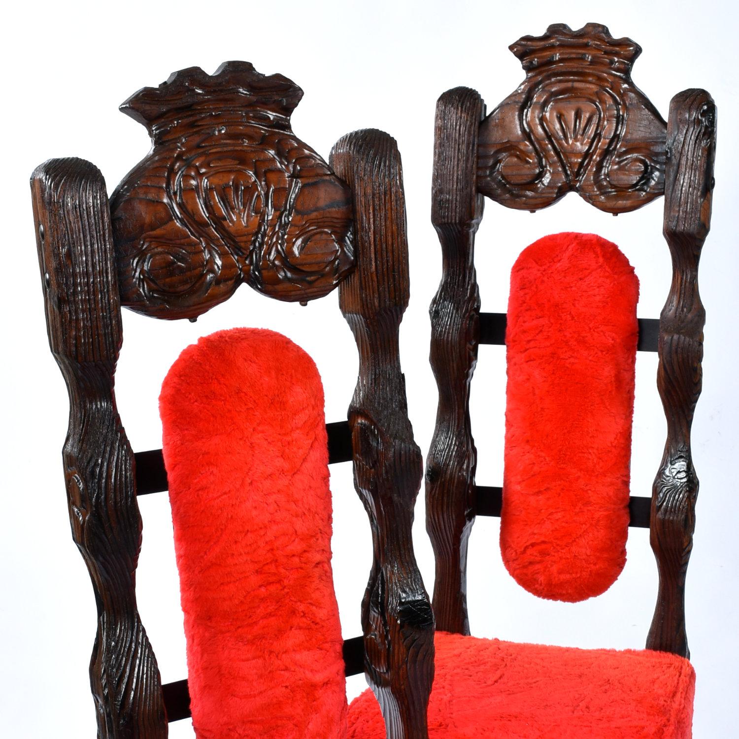 Restored Pair Vintage Witco Tiki Dramatic High Back Chairs in Original Red Fur For Sale 4
