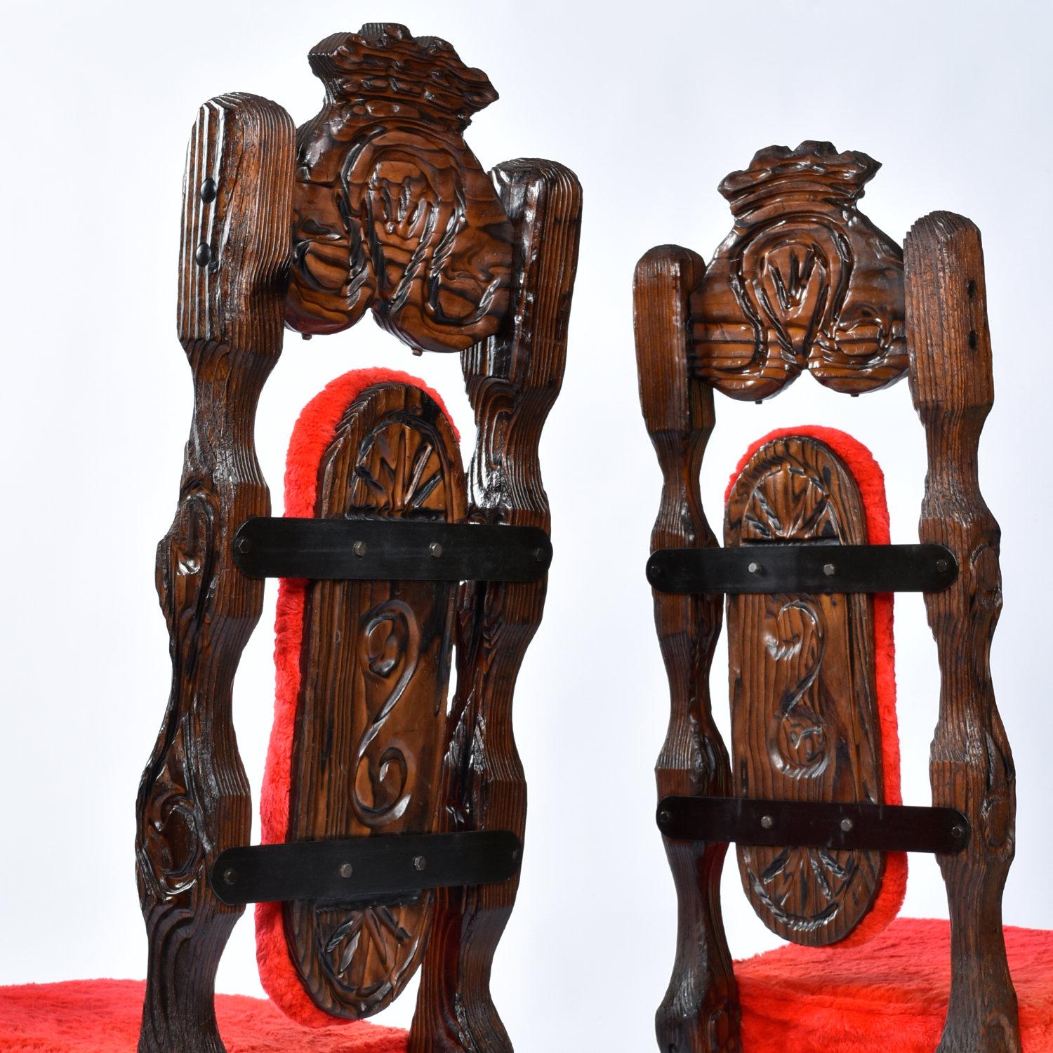 Gothic Revival Restored Pair Vintage Witco Tiki Dramatic High Back Chairs in Original Red Fur For Sale