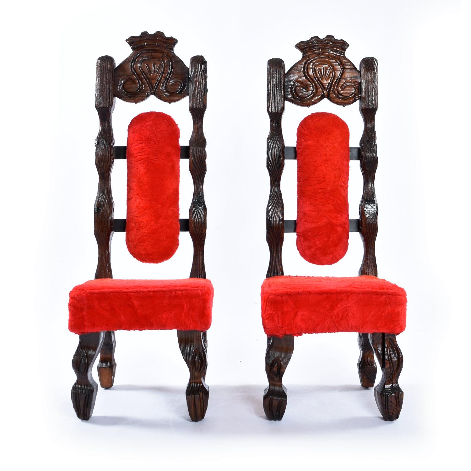 American Restored Pair Vintage Witco Tiki Dramatic High Back Chairs in Original Red Fur For Sale