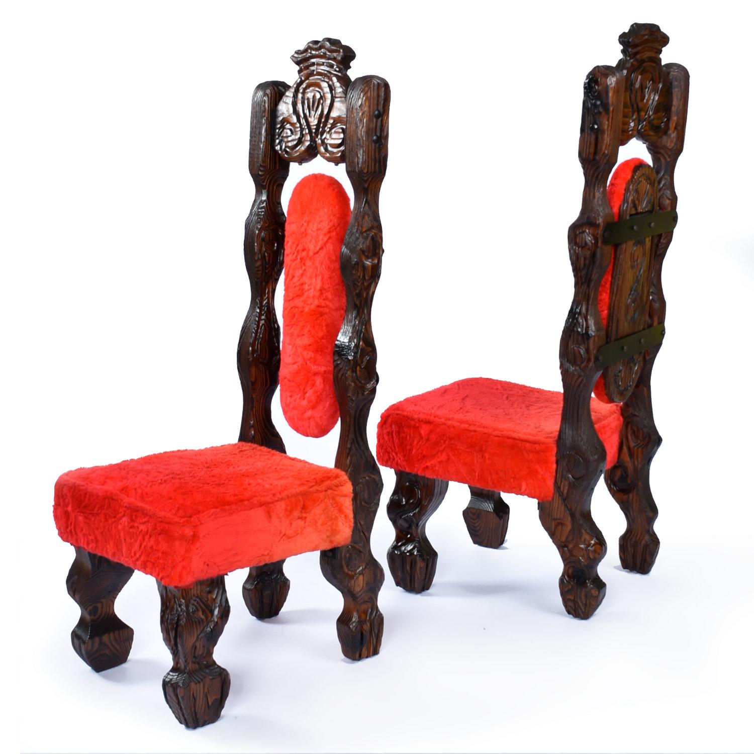 Restored Pair Vintage Witco Tiki Dramatic High Back Chairs in Original Red Fur In Good Condition For Sale In Chattanooga, TN