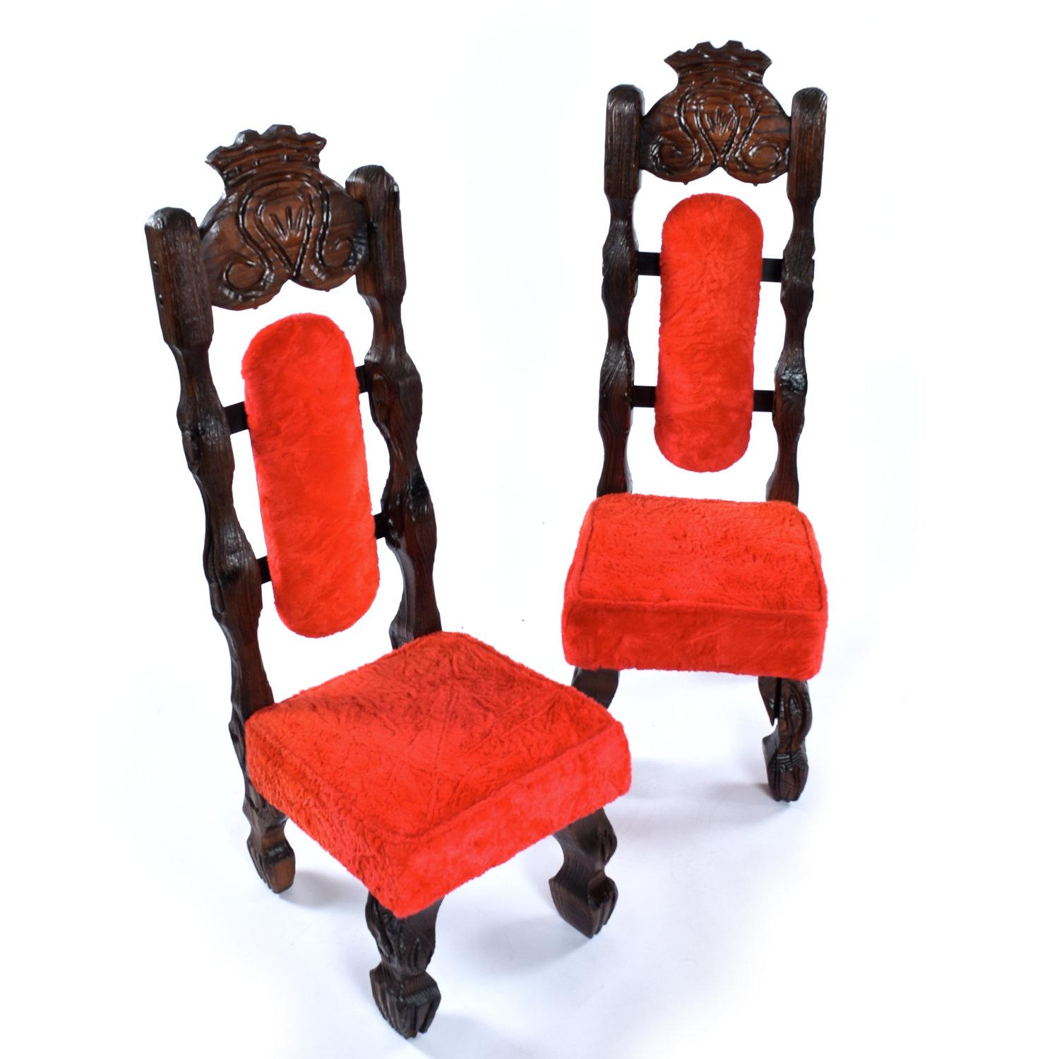 Mid-20th Century Restored Pair Vintage Witco Tiki Dramatic High Back Chairs in Original Red Fur For Sale