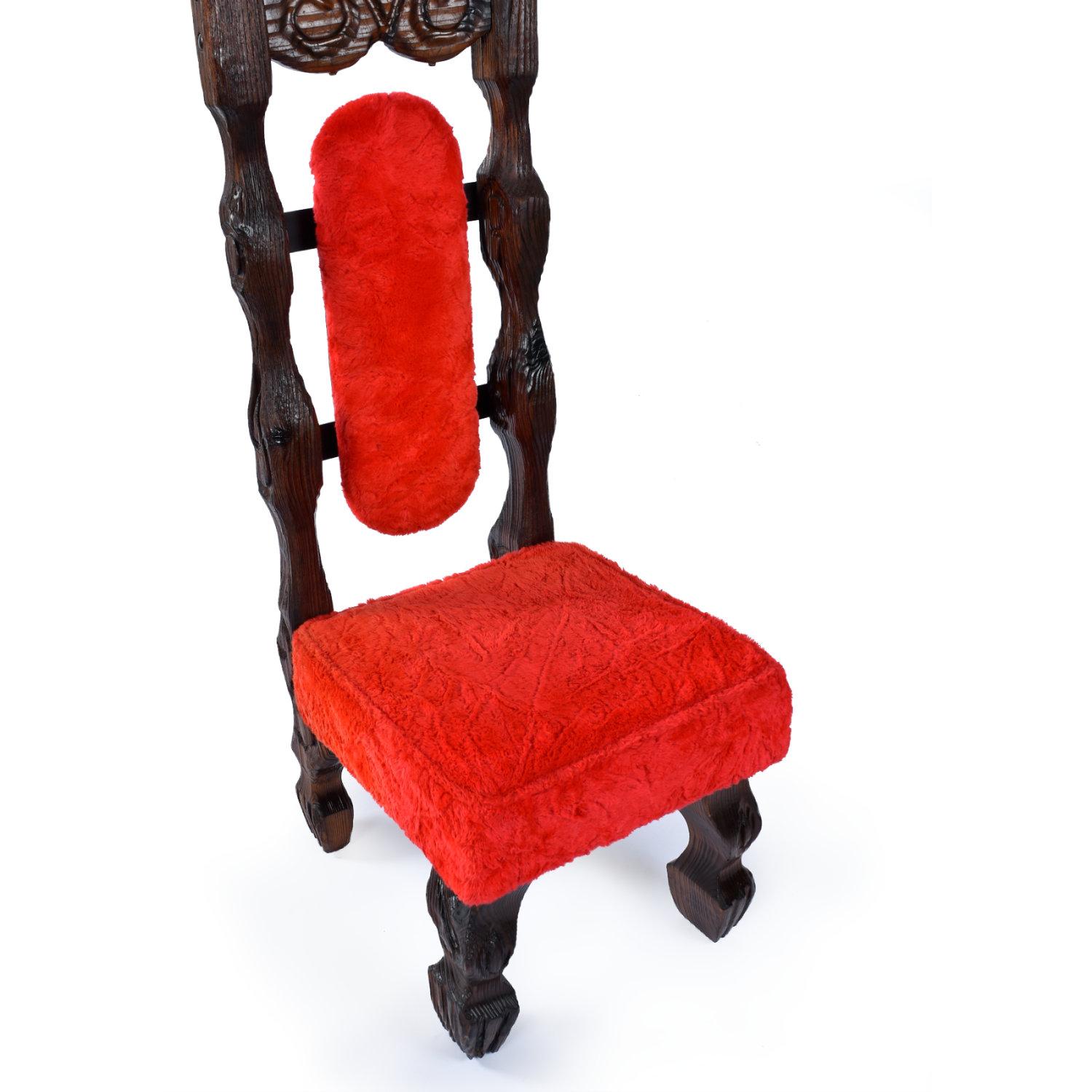 Metal Restored Pair Vintage Witco Tiki Dramatic High Back Chairs in Original Red Fur For Sale