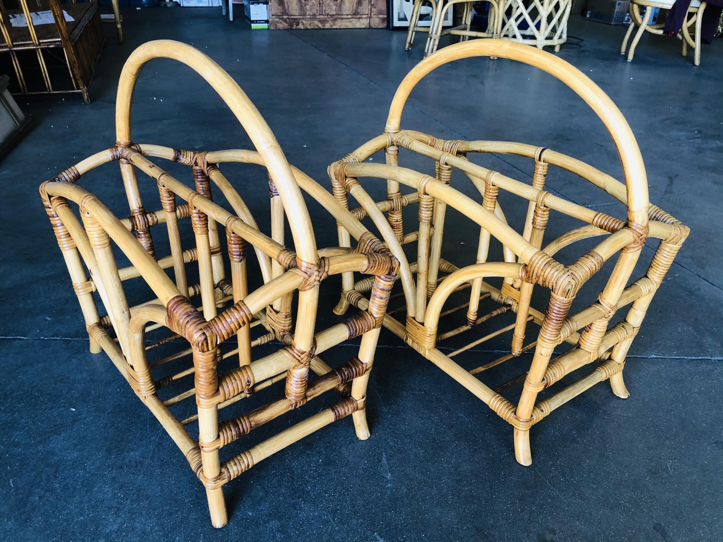 Early circa pair of matching 1940 rattan magazine rack with palm leaf sides. A great example of early modern rattan design.

Restored to new for you.

All rattan, bamboo, and wicker furniture has been painstakingly refurbished to the highest