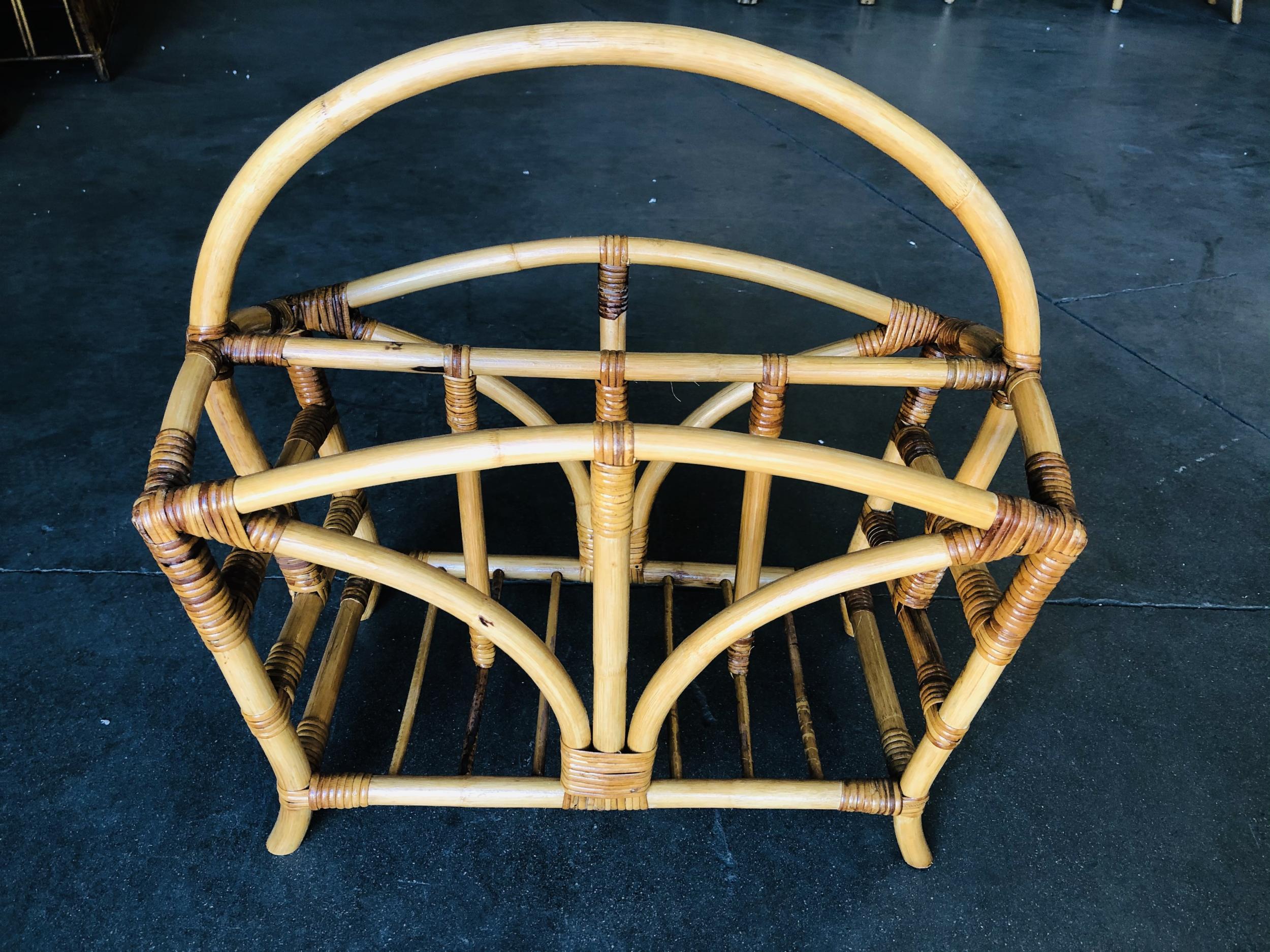 Varnished Restored Palm Designed Rattan Magazine Rack with Handle, Pair