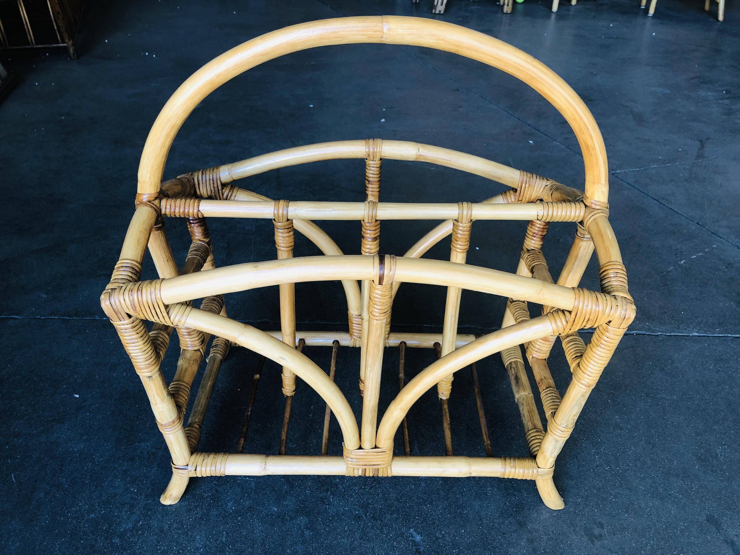 Restored Palm Designed Rattan Magazine Rack with Handle, Pair In Excellent Condition In Van Nuys, CA