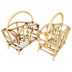 Restored Palm Designed Rattan Magazine Rack with Handle, Pair
