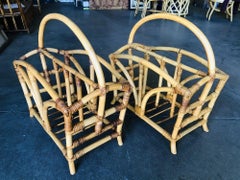 Restored Palm Rattan Magazine Rack W/ Handle, Pair
