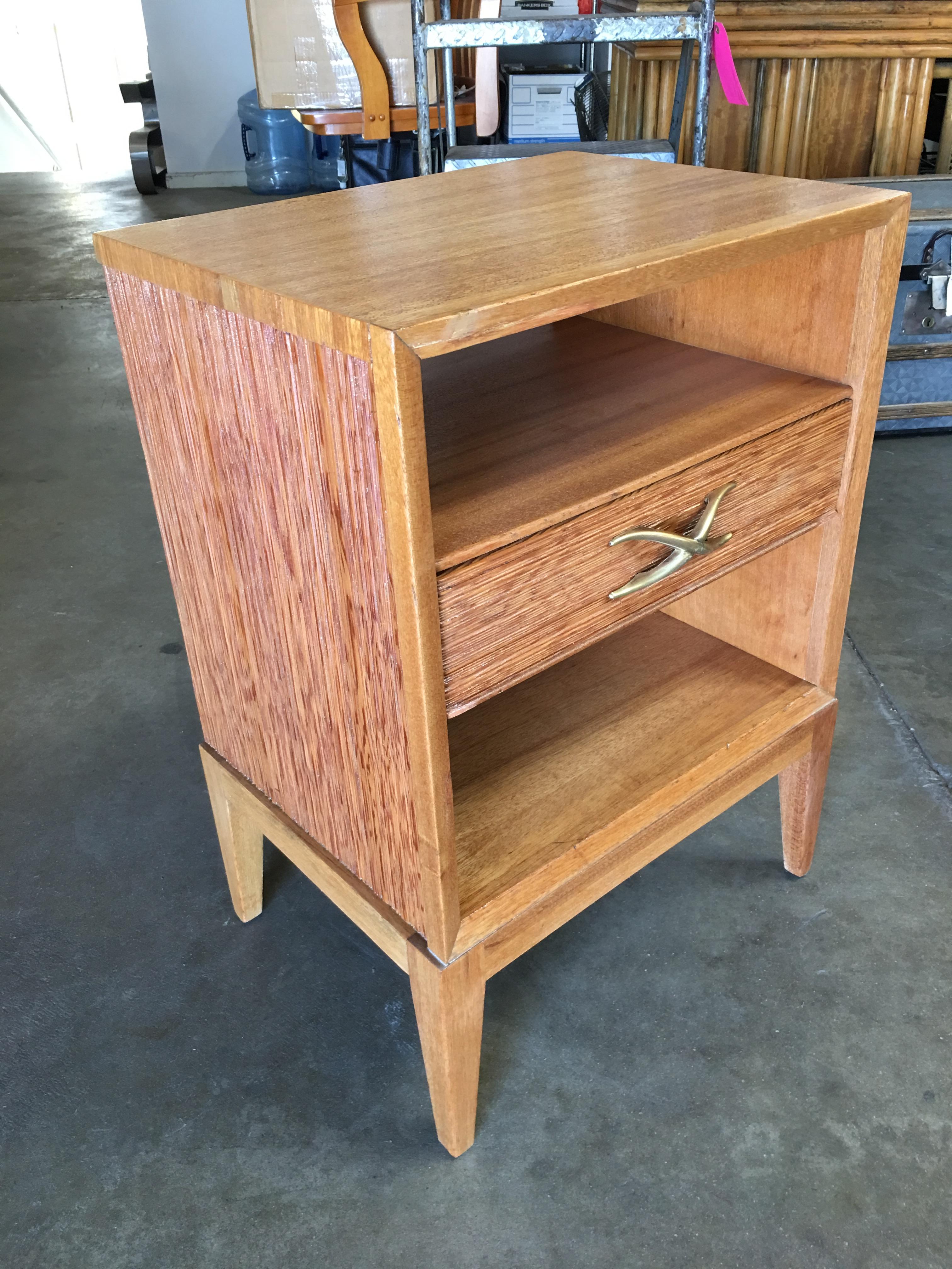 Mid-Century Modern Restored Paul Frankl Combed Wood Bedside Table Pair for Brown Saltman