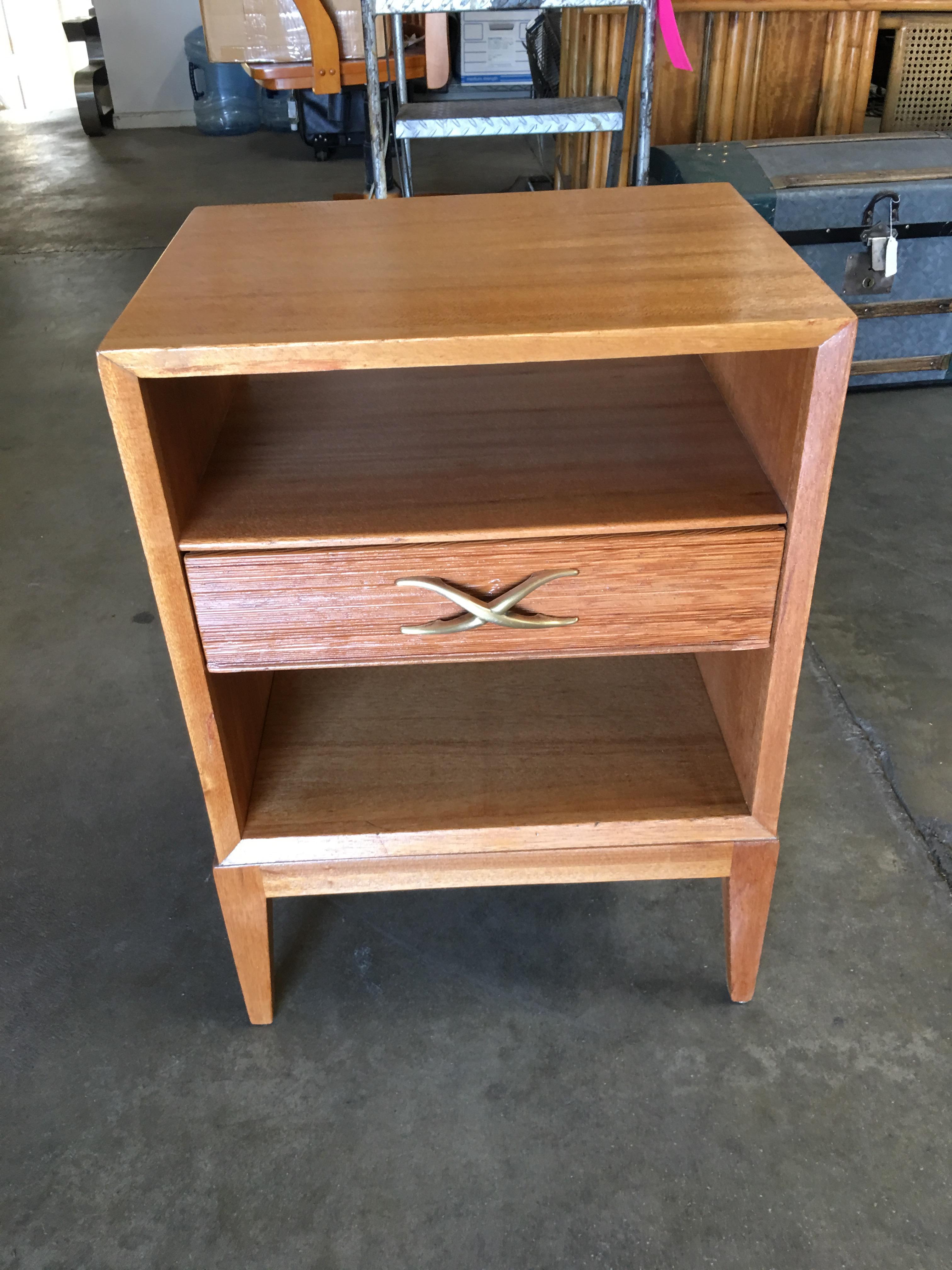 American Restored Paul Frankl Combed Wood Bedside Table Pair for Brown Saltman