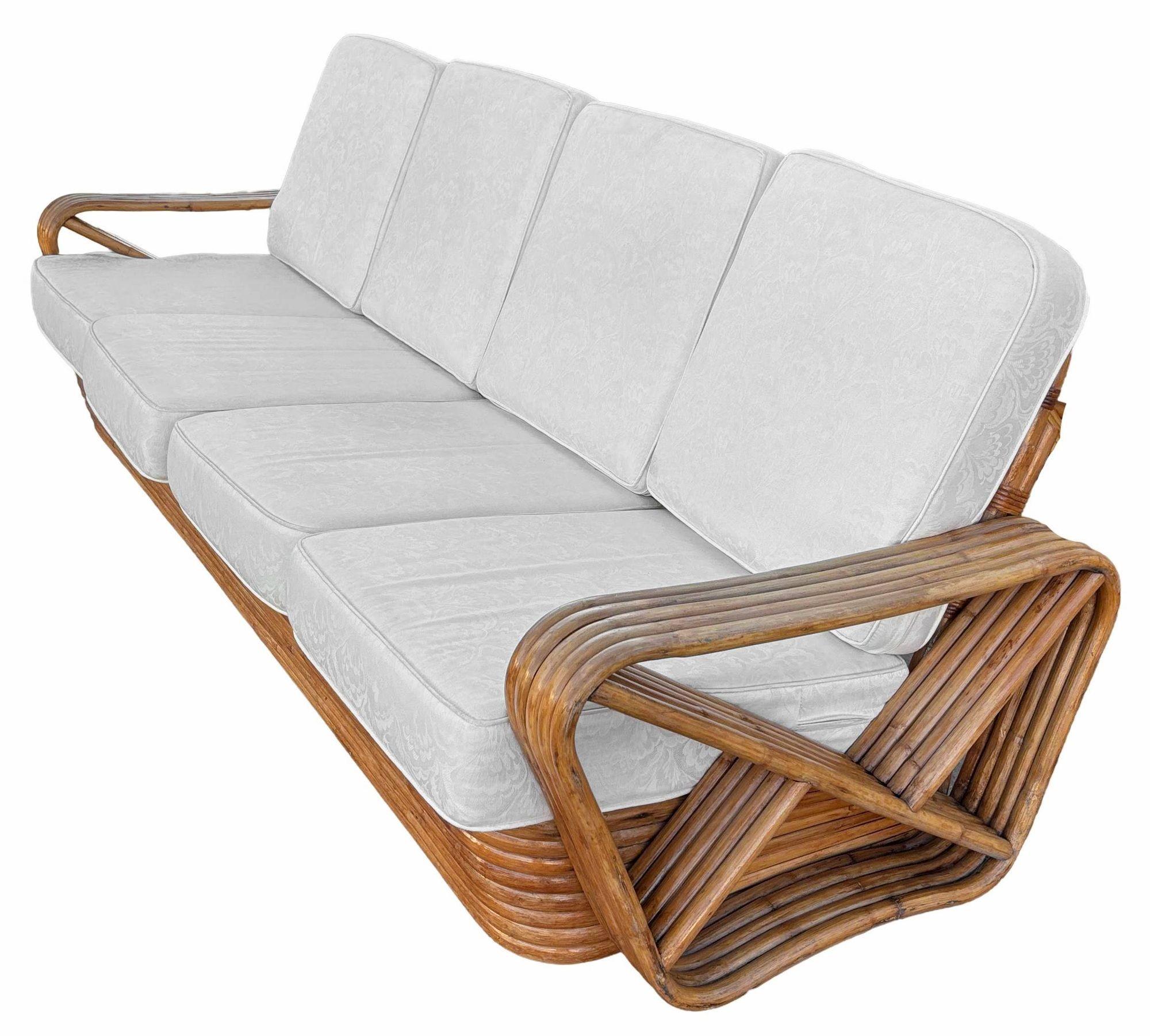 Mid-Century Modern Restored Paul Frankl Inspired 5-Strand Square Pretzel4-Seat Sectional Rattn Sofa For Sale