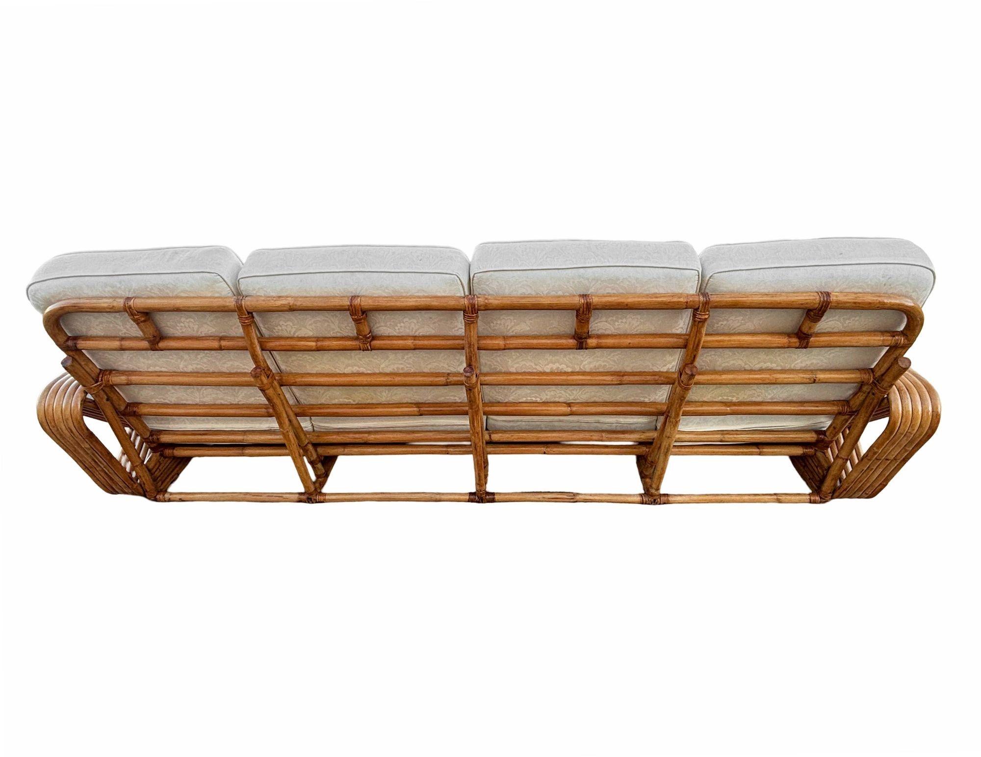 Restored Paul Frankl Inspired 5-Strand Square Pretzel4-Seat Sectional Rattn Sofa In Excellent Condition For Sale In Van Nuys, CA