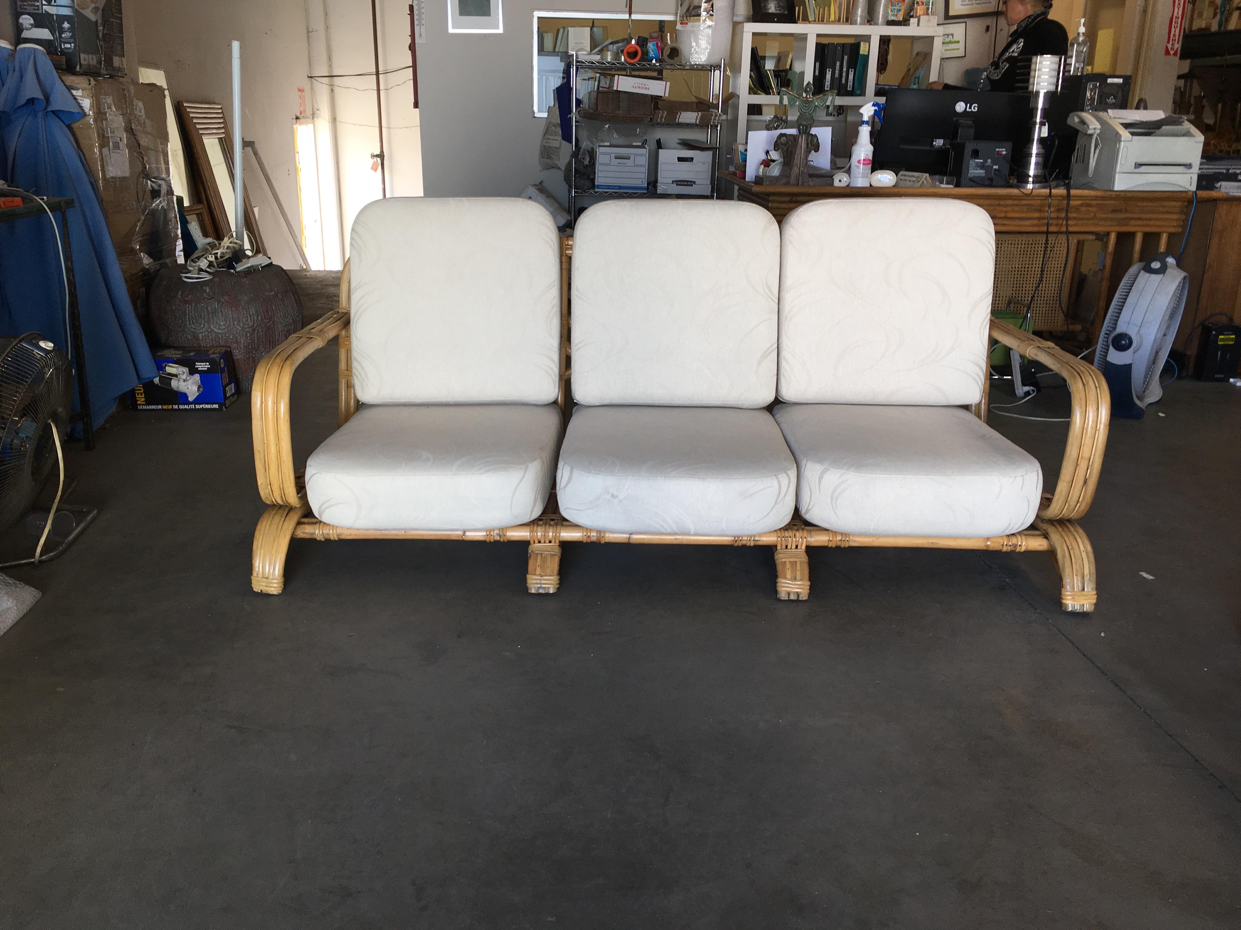 American Restored Paul Frankl Original Wrap around 3-Seat Sofa with 3-Pole Rattan Design