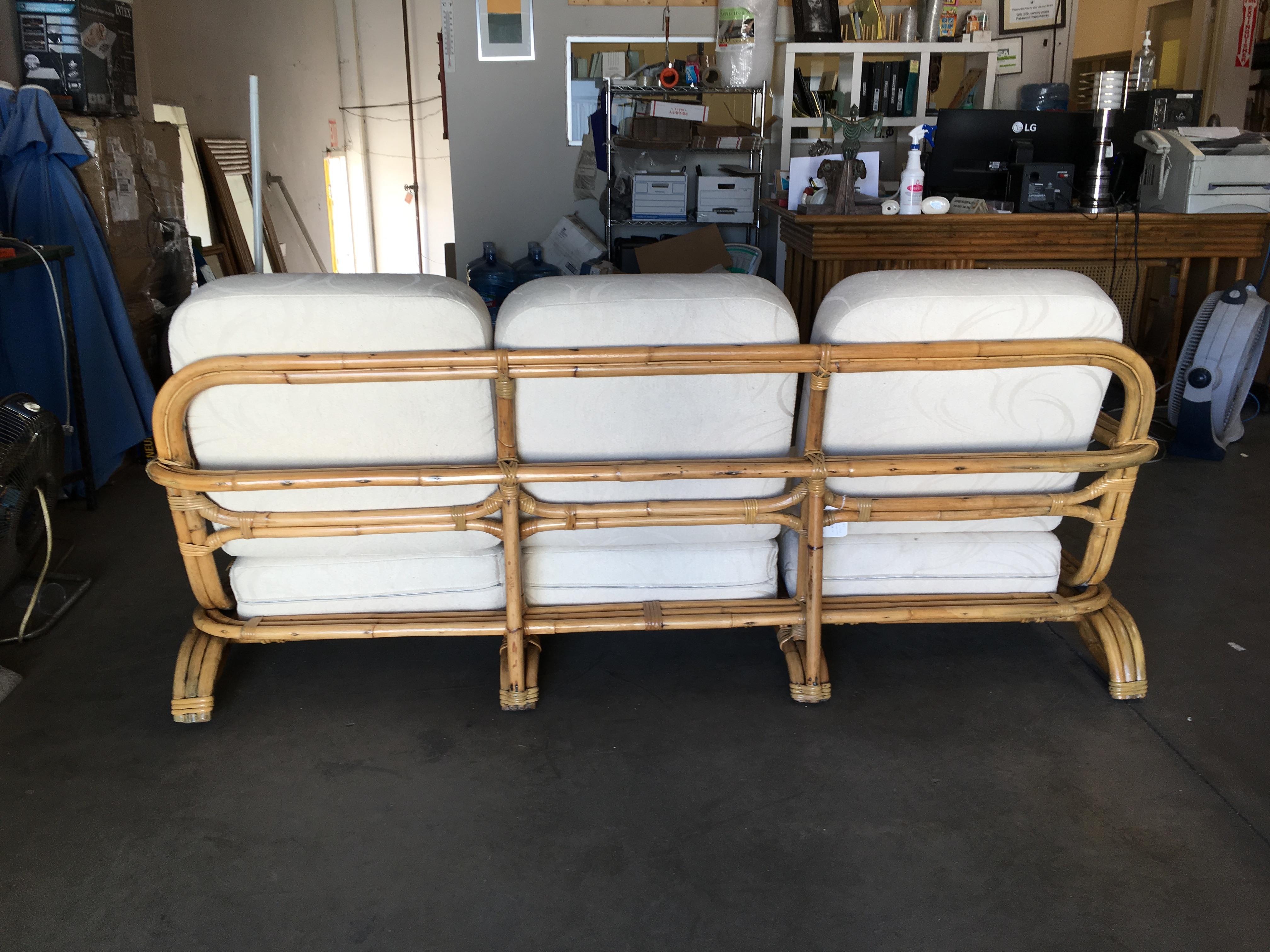 Restored Paul Frankl Original Wrap around 3-Seat Sofa with 3-Pole Rattan Design 1