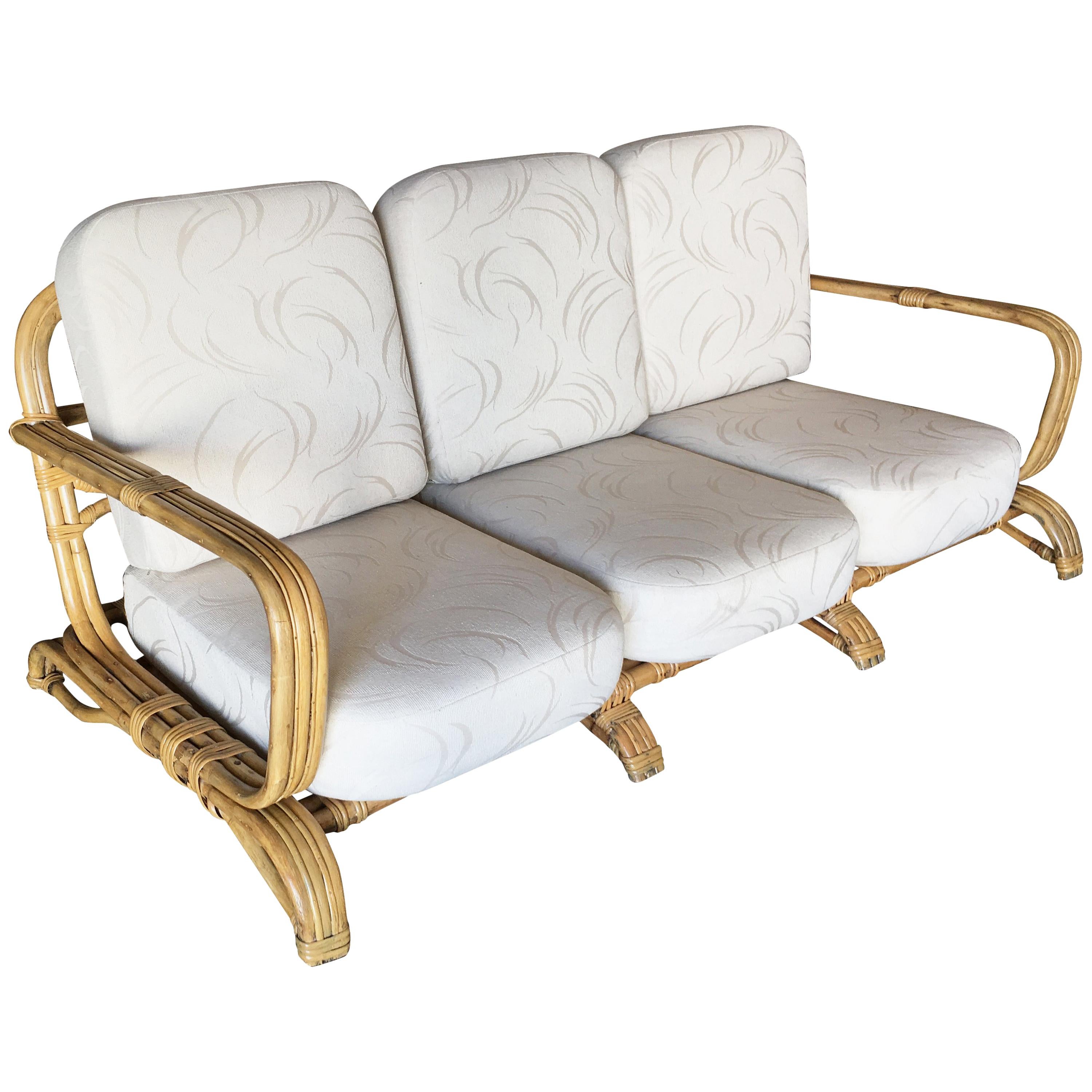 Restored Paul Frankl Original Wrap around 3-Seat Sofa with 3-Pole Rattan Design