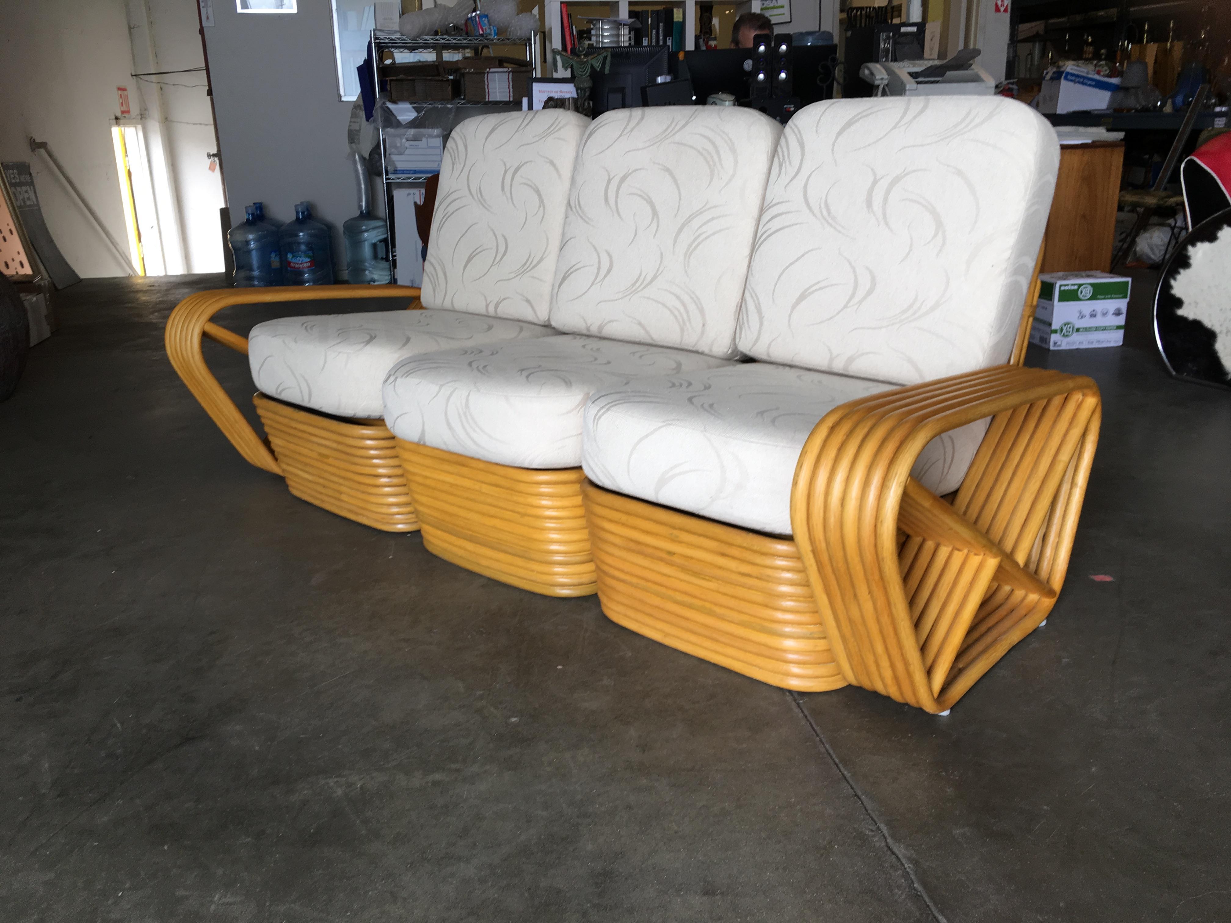 Restored Paul Frankl Six-Strand Rattan Sofa and Lounge Chair Set For Sale 2