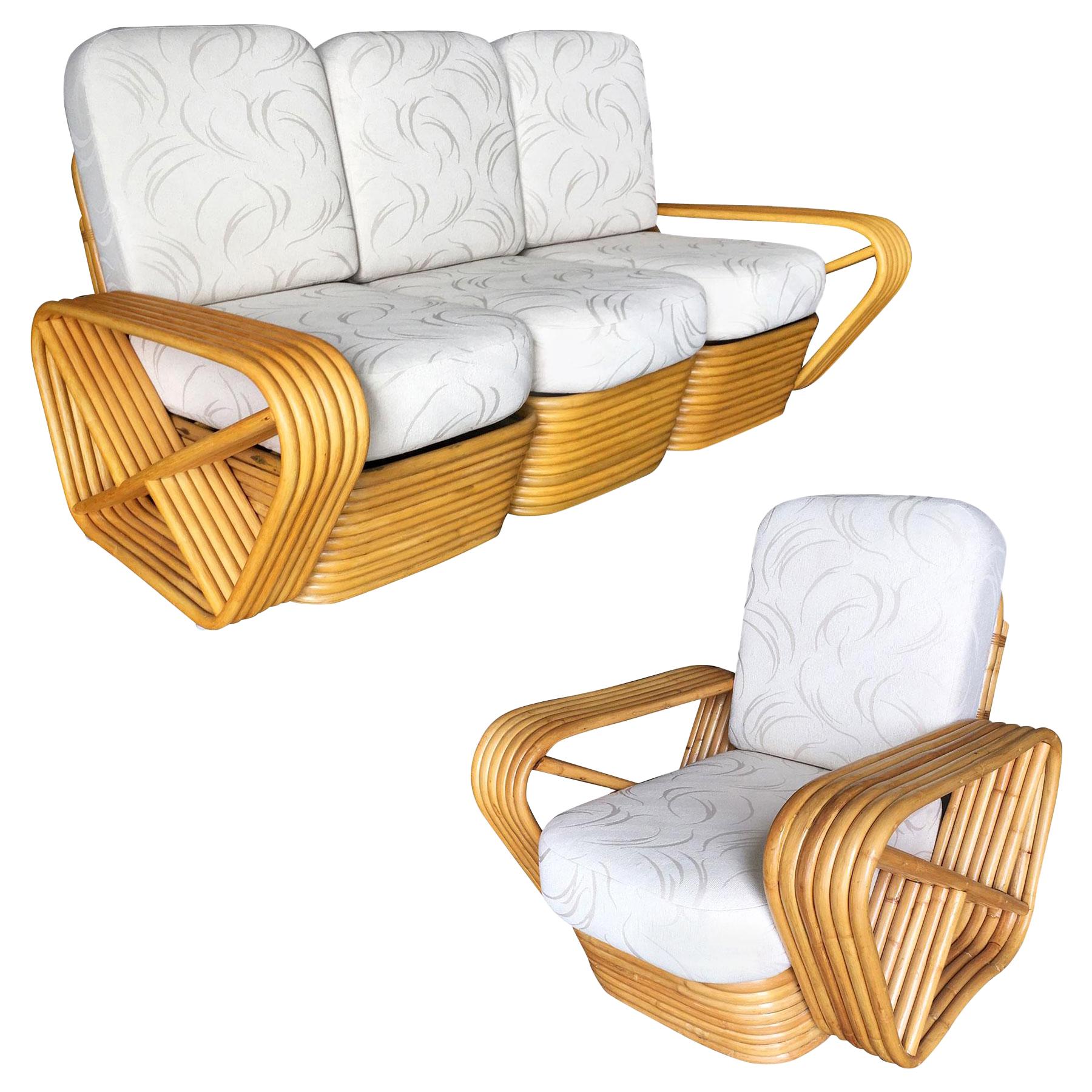 Restored Paul Frankl Six-Strand Rattan Sofa and Lounge Chair Set For Sale