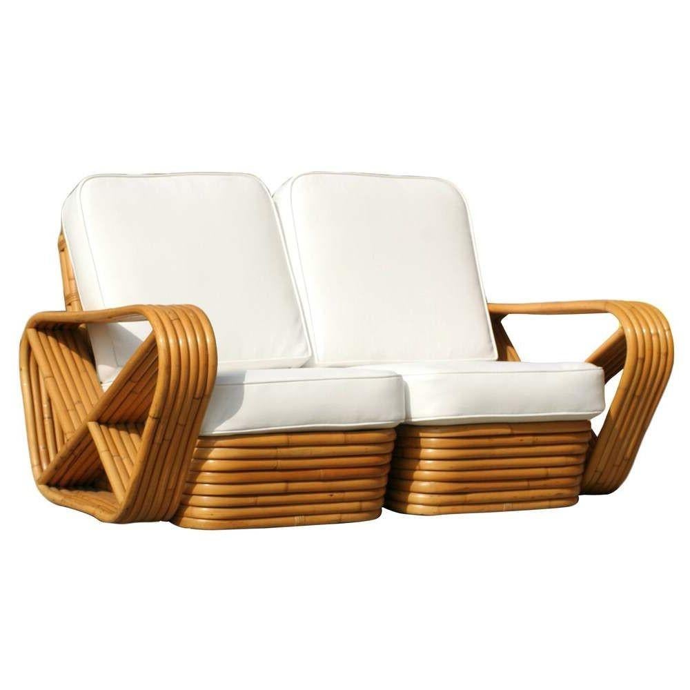 Art Deco Restored Paul Frankl Six-Strand Square Pretzel Stacked Rattan Loveseat For Sale