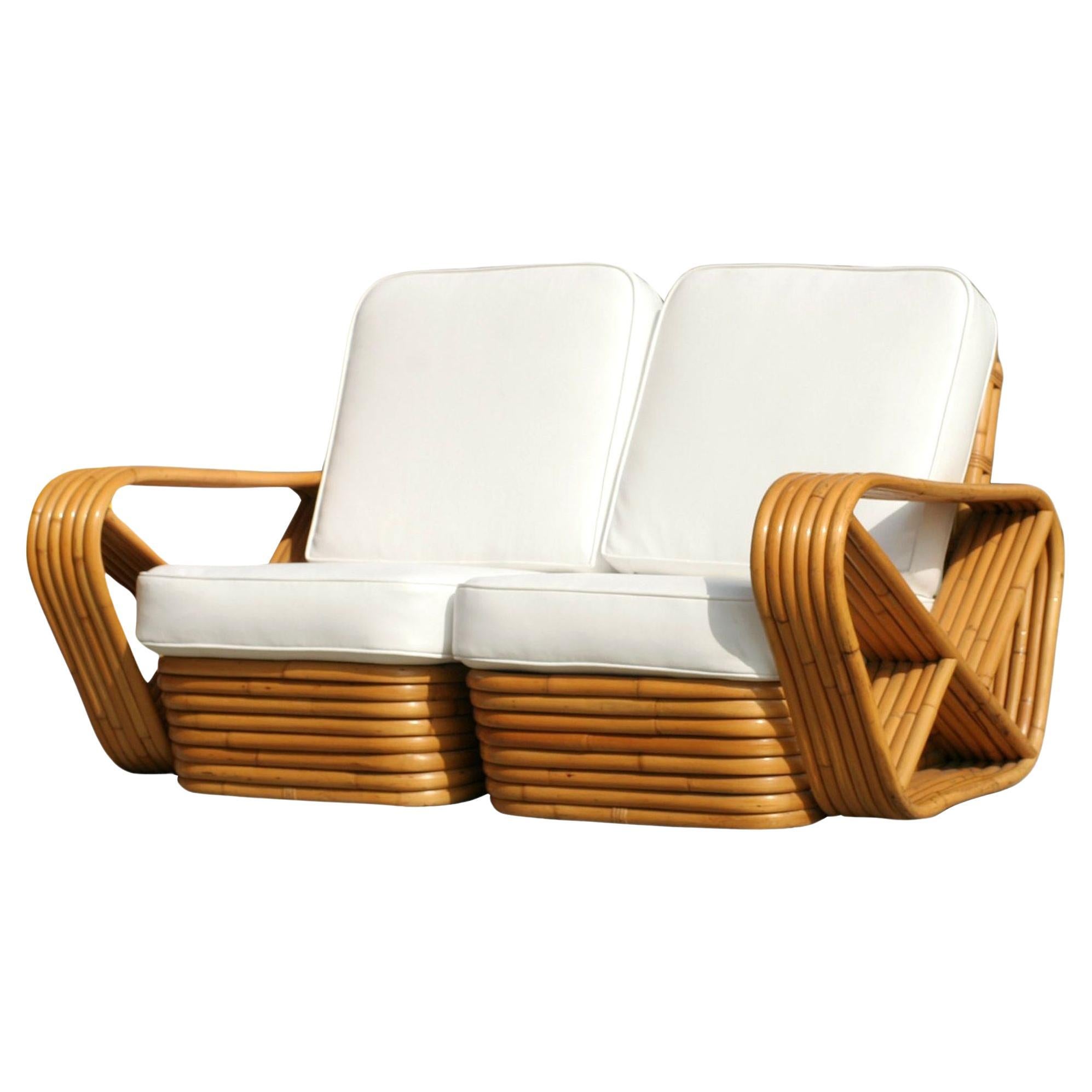 Restored Paul Frankl Six-Strand Square Pretzel Stacked Rattan Loveseat For Sale