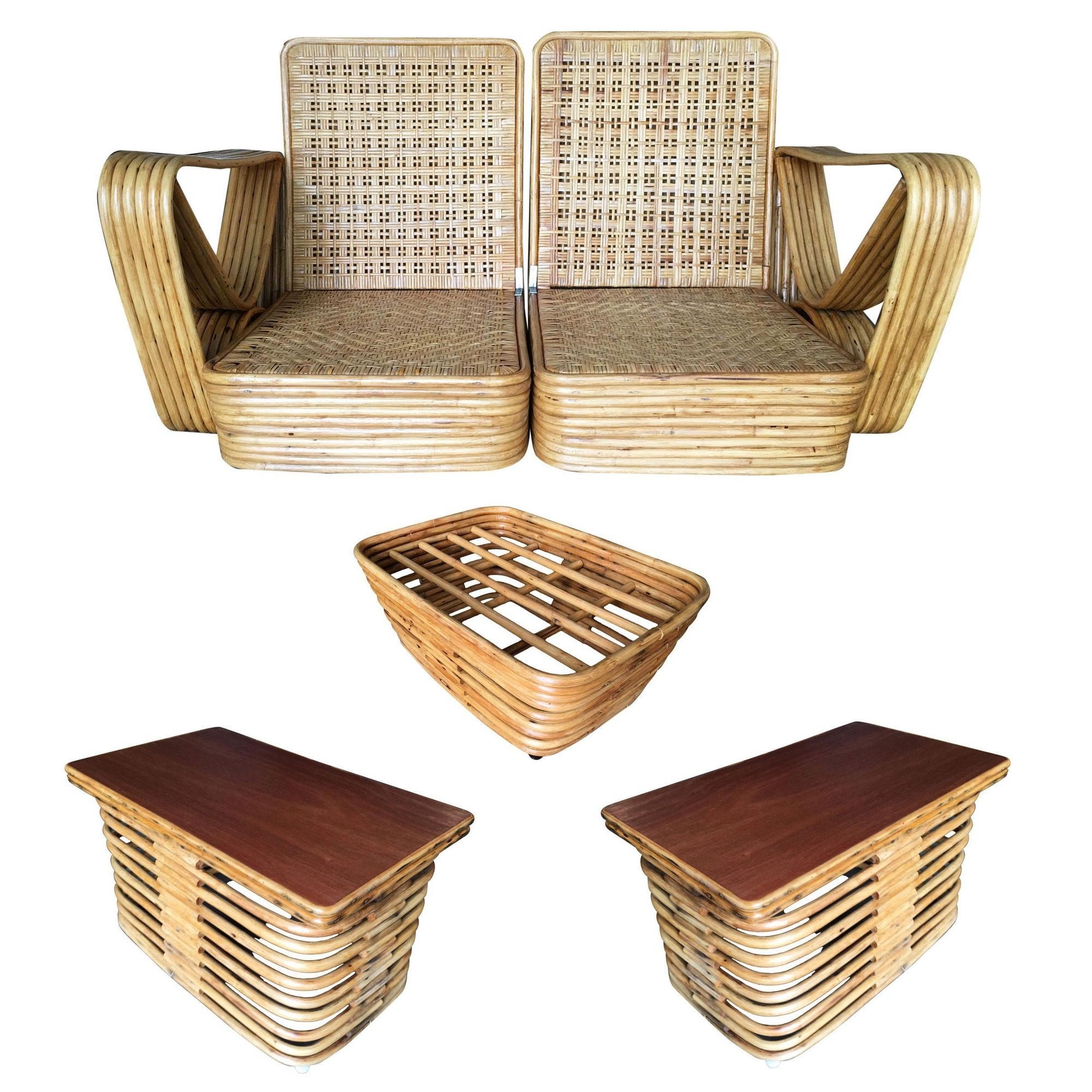 Restored Paul Frankl Six-Strand Wicker Sofa Rattan Living-Room Set with Cushions