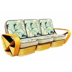 Restored Paul Frankl Style 6-strand Square Pretzel Rattan Sofa, Lounge Chair Set