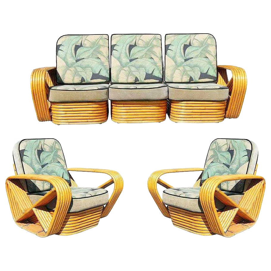 Ensemble de canapé et fauteuil en rotin « Pretzel » carré à 6 brins, de style Paul Frankl, restauré en vente