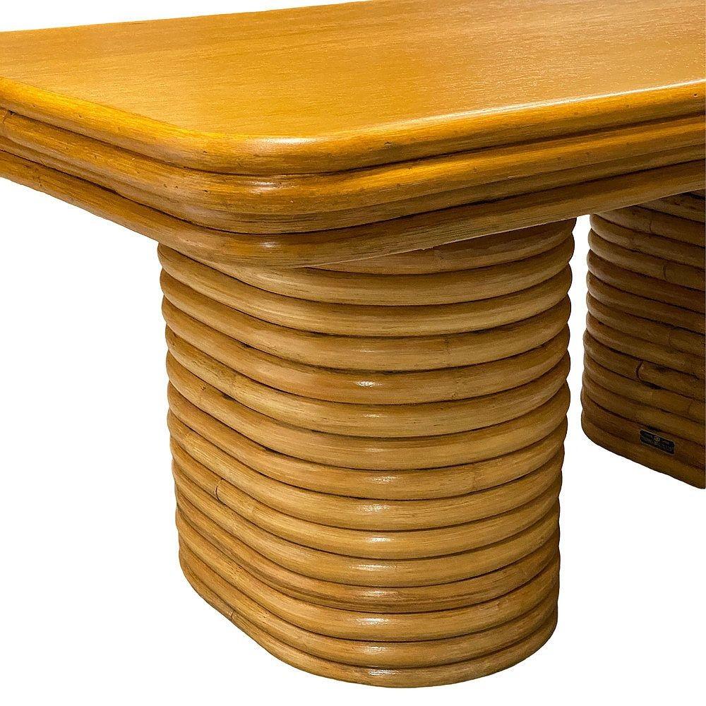 Mesa de centro de ratán apilada restaurada de mediados de siglo con tablero de caoba mediados del siglo XX en venta