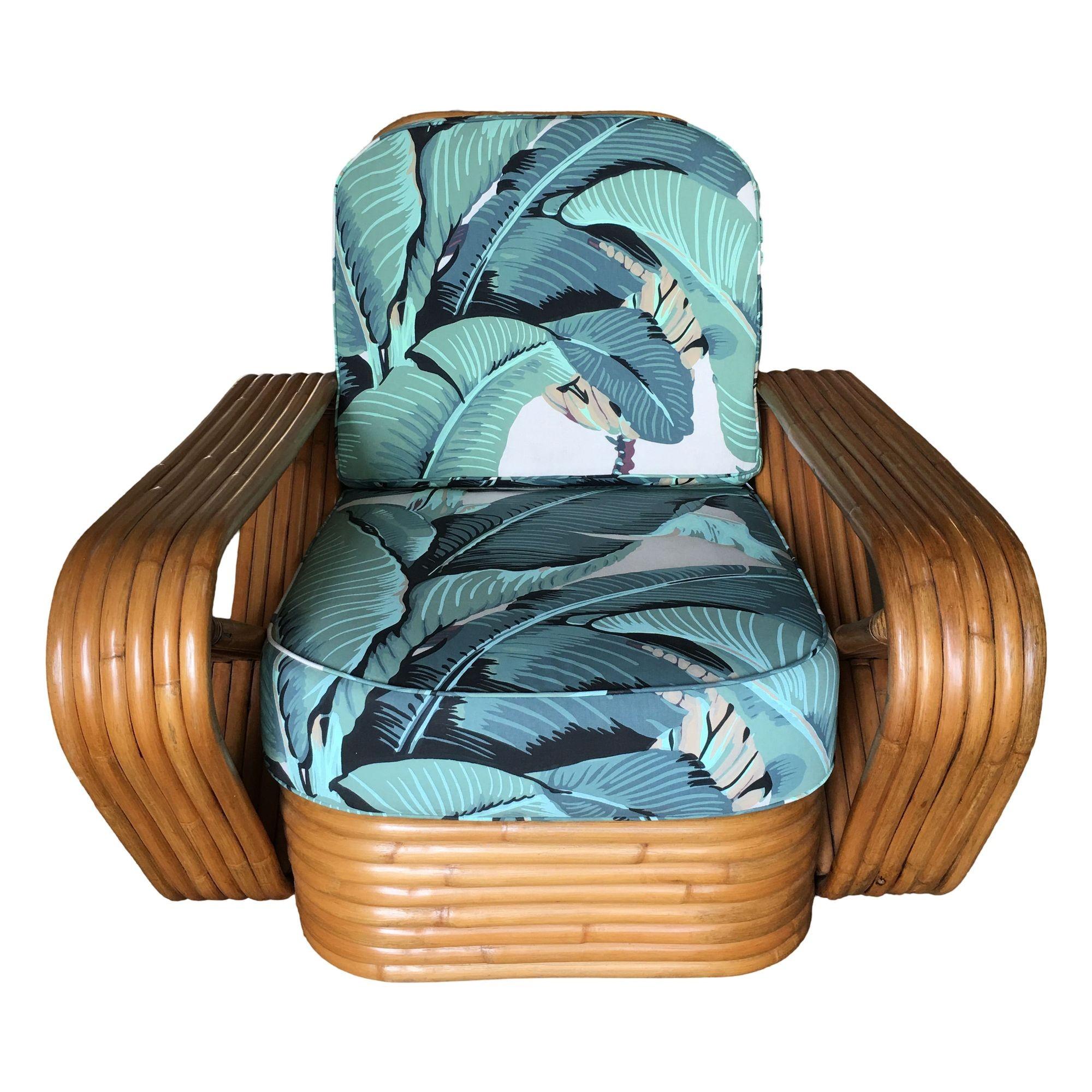 Restaurierter Rattan-Loungesessel im Paul-Frankl-Stil, Lehnen in Brezelform, Beverly Palms-Kissen (Moderne der Mitte des Jahrhunderts) im Angebot
