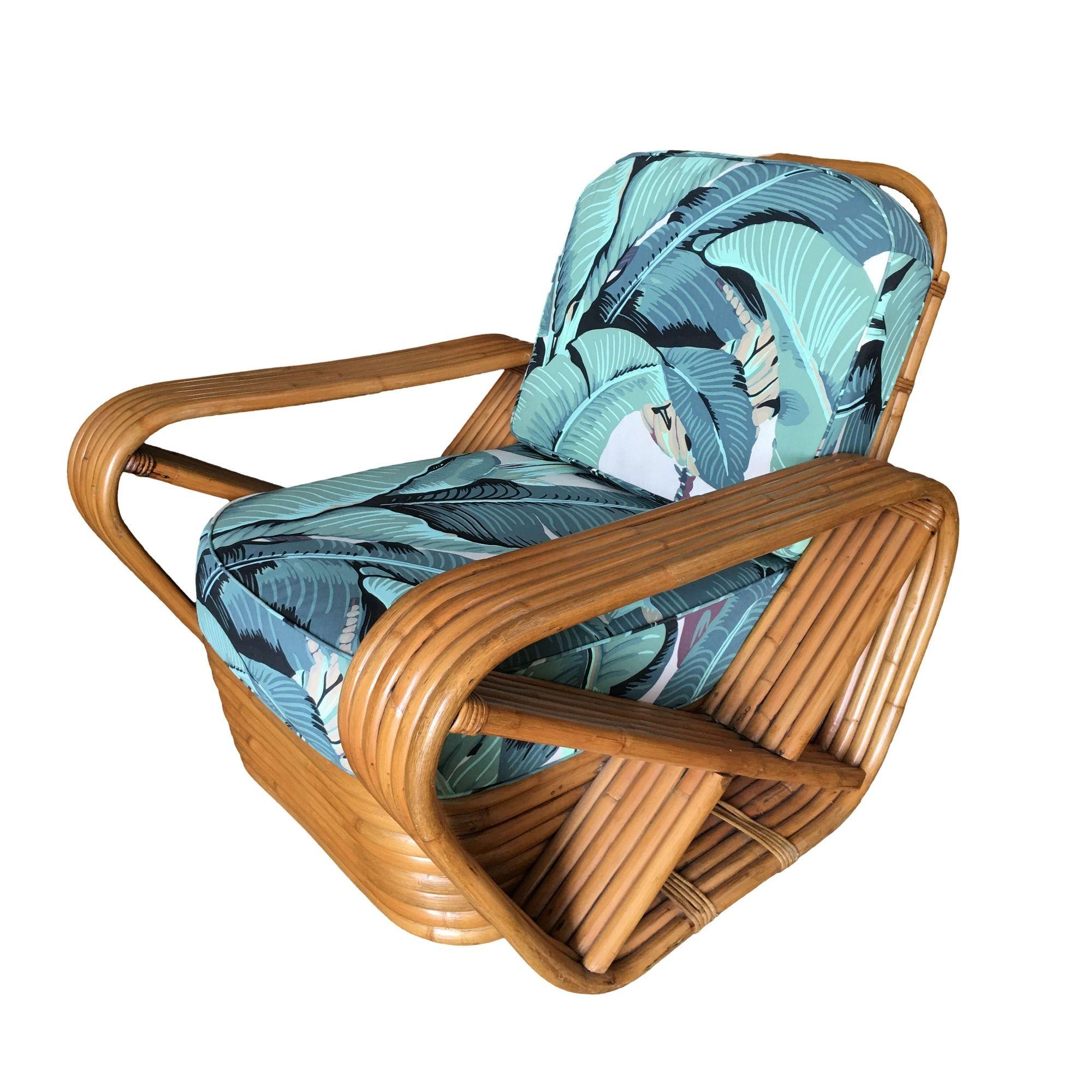Mid-Century Modern Restored Paul Frankl Style Pretzel Rattan Lounge Chair, Beverly Palms Cushions For Sale