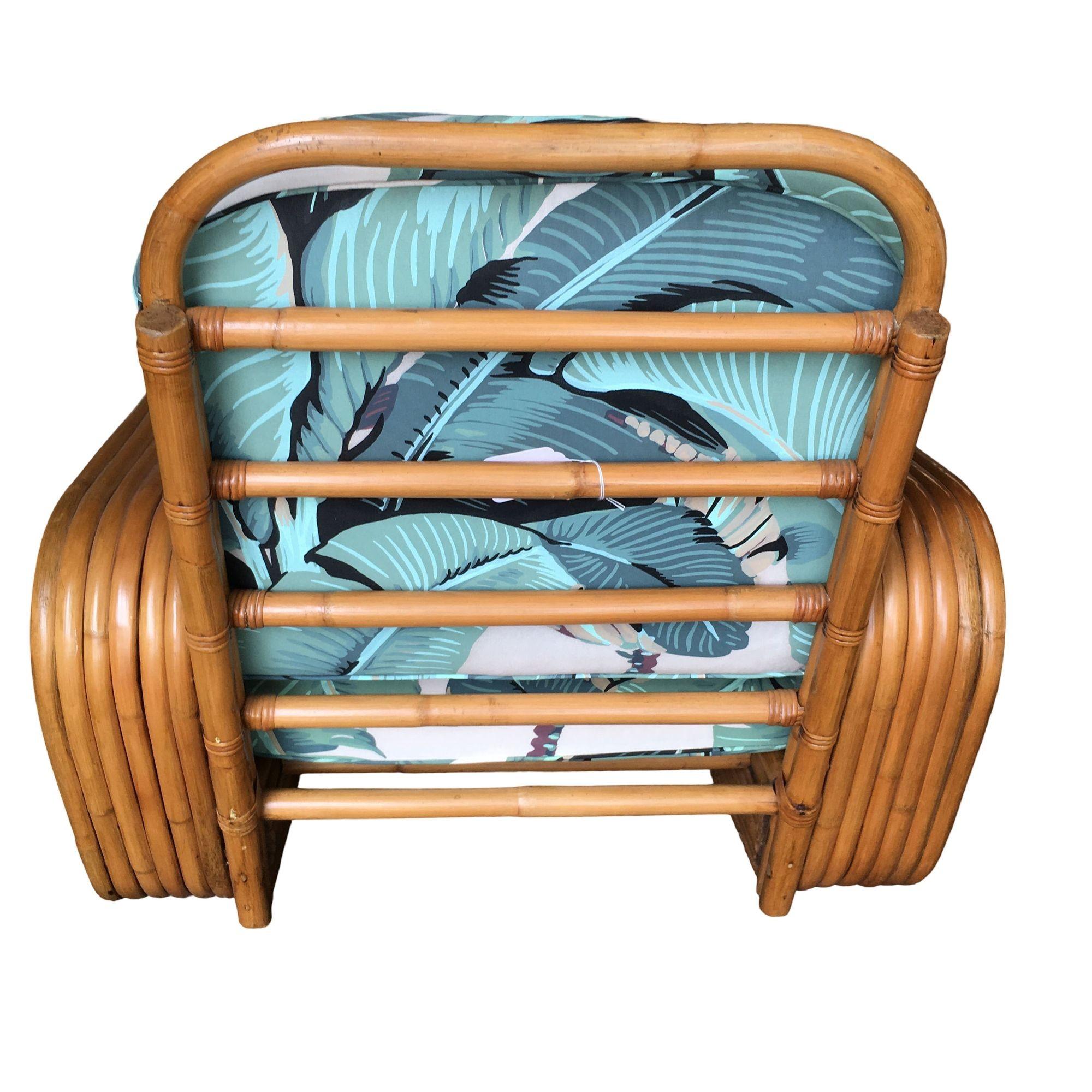 Restaurierter Rattan-Loungesessel im Paul-Frankl-Stil, Lehnen in Brezelform, Beverly Palms-Kissen (Korbweide) im Angebot