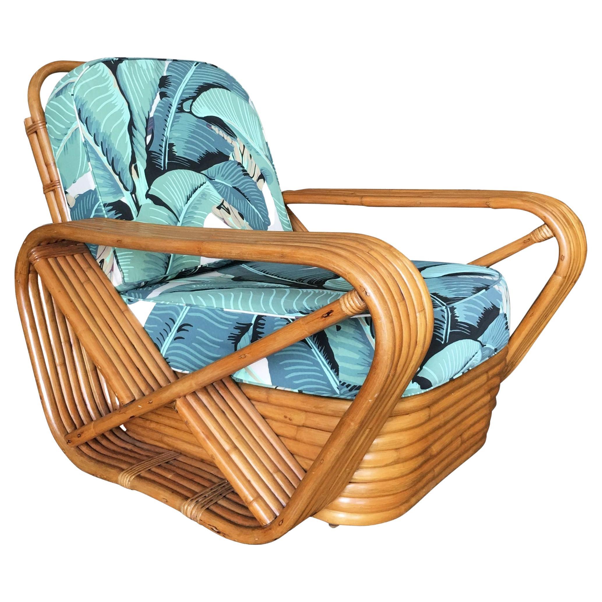 Restored Paul Frankl Style Pretzel Rattan Lounge Chair, Beverly Palms Cushions For Sale