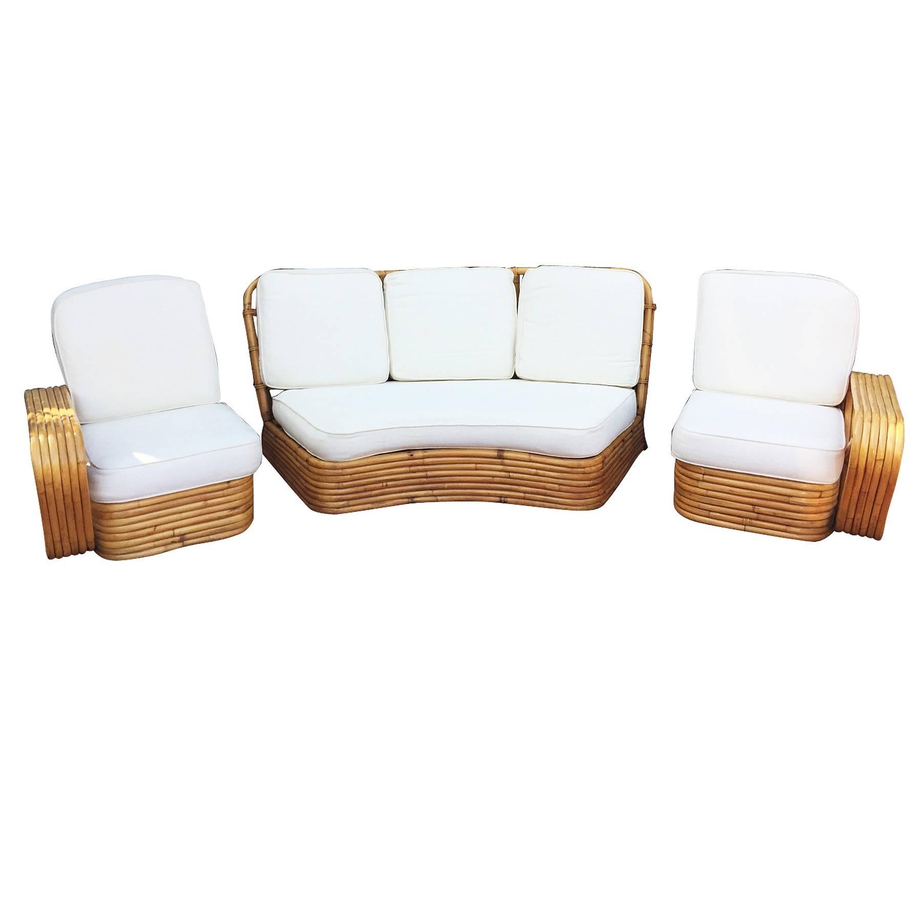 Art Deco Restored Paul Frankl Style Six Strand Rattan Five-Seat Curved Sectional Sofa