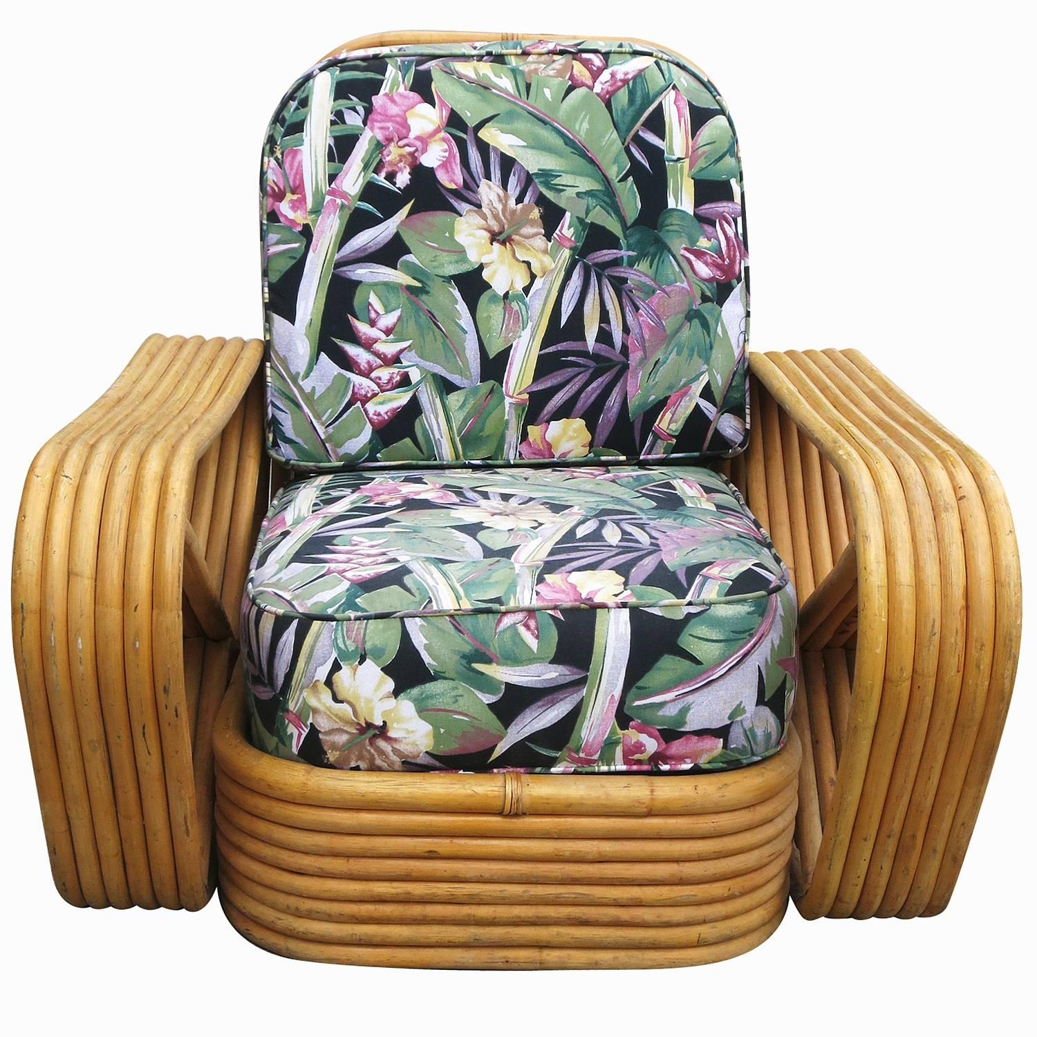 This six-strand, rattan lounge chair features square pretzel arms and a Classic stacked base. Included is the matching stacked rattan ottoman.

Restored to new for you.

Custom cushions C.O.M. (Costumers Own Material) are included in the price.
