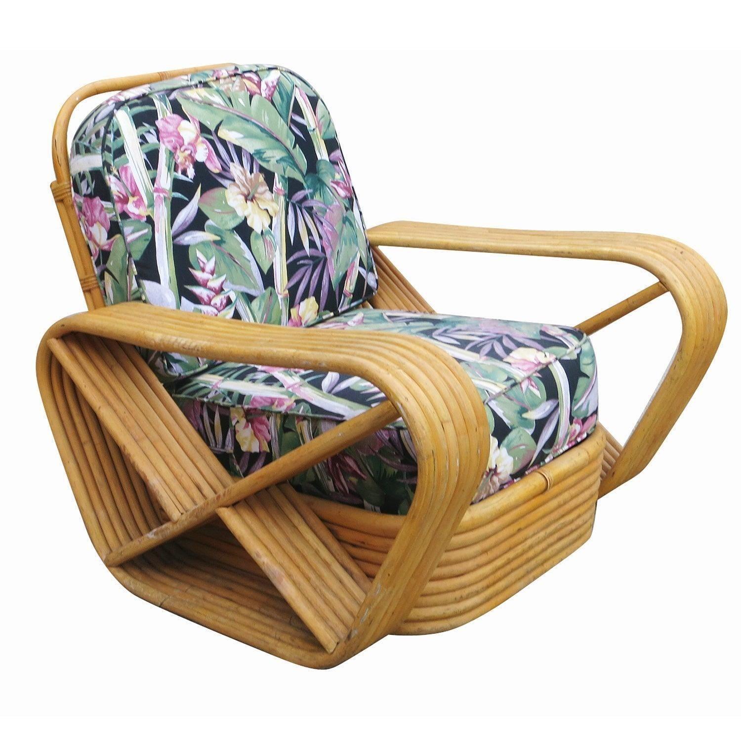Restored Paul Frankl Style Six-Strand Square Pretzel Rattan Lounge Chair Ottoman In Excellent Condition In Van Nuys, CA