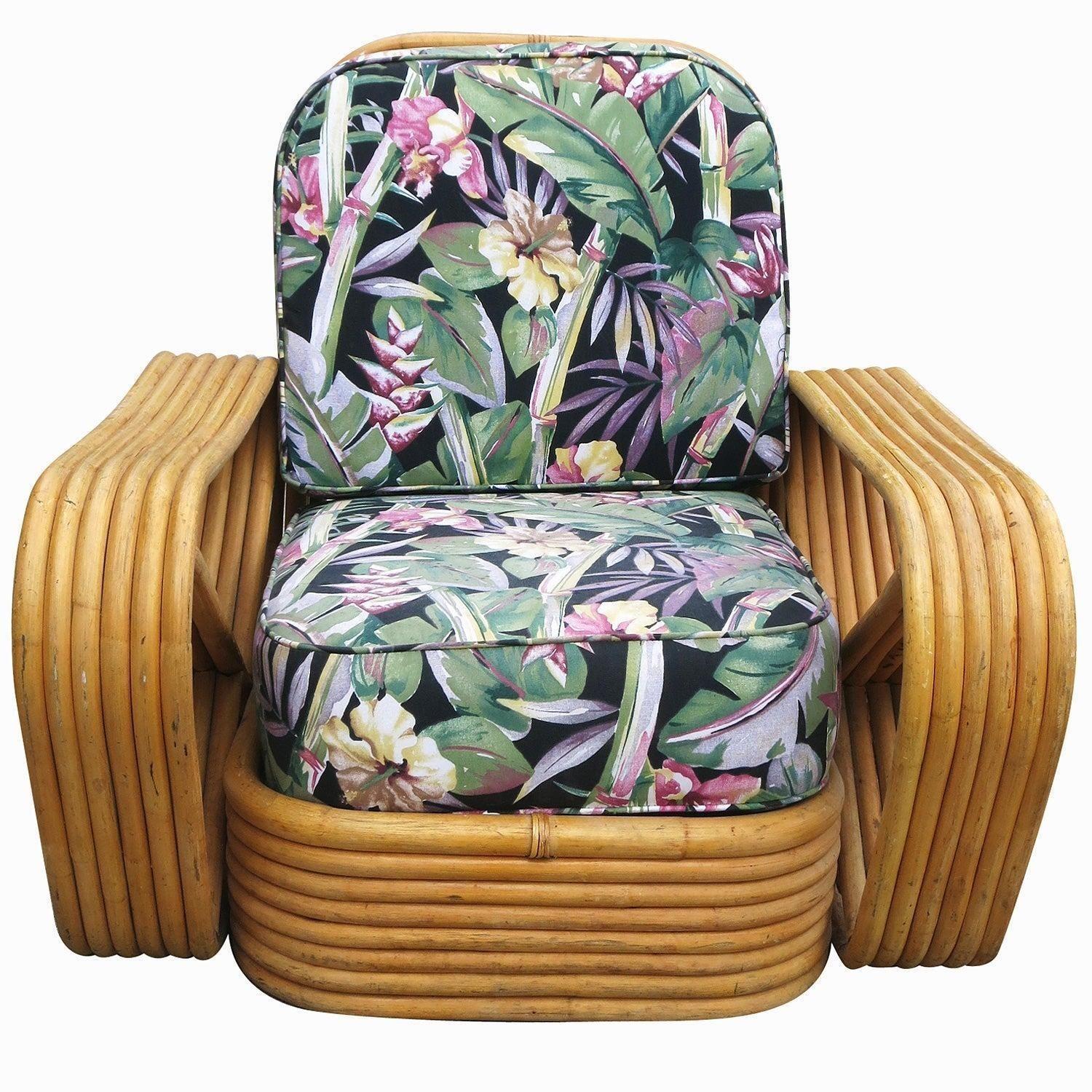 Mid-20th Century Restored Paul Frankl Style Six-Strand Square Pretzel Rattan Lounge Chair Ottoman