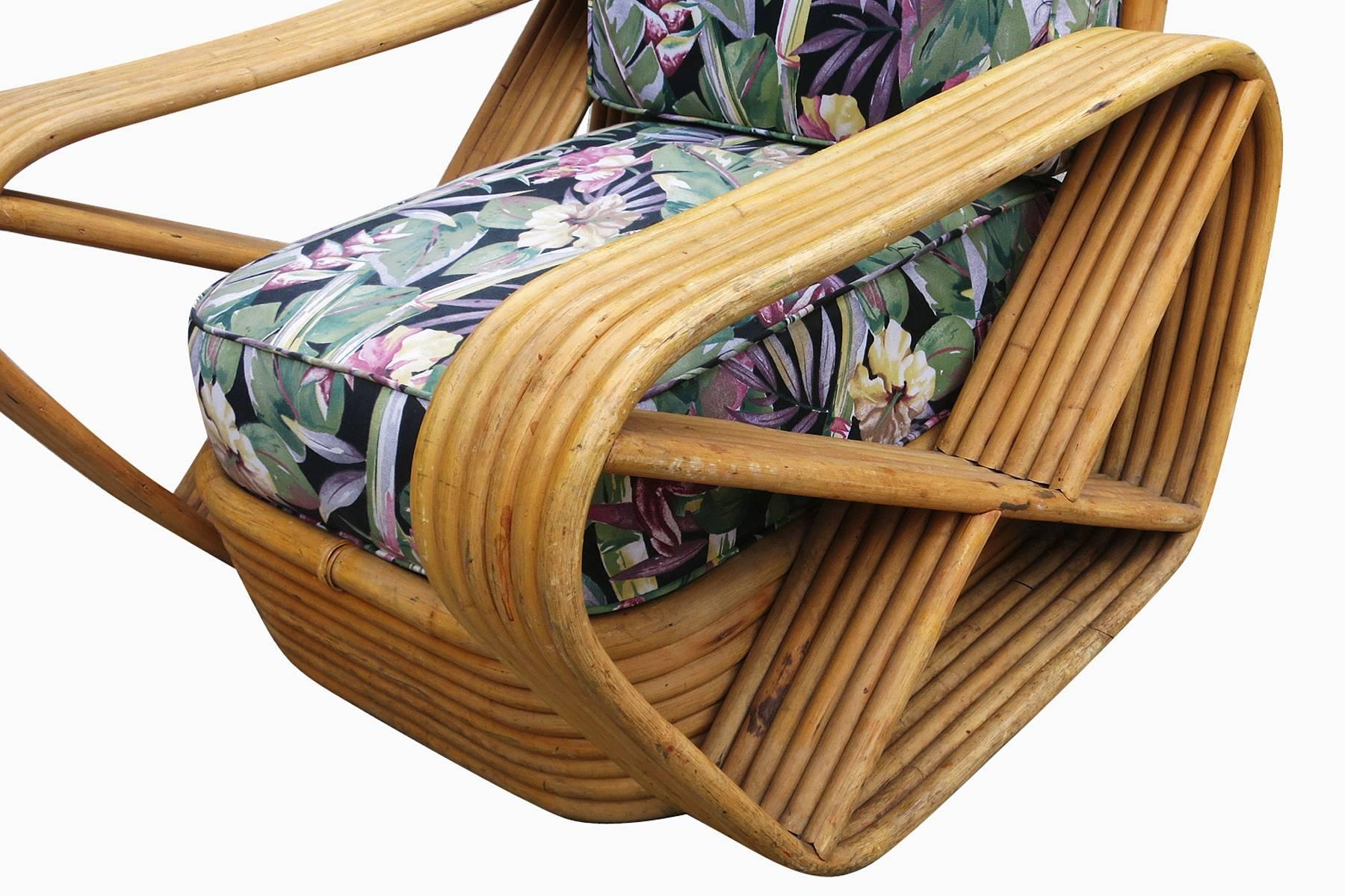 Art Deco Restored Six-Strand Square Pretzel Rattan Lounge Chair Ottoman