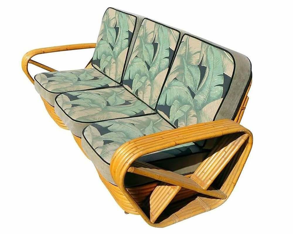 Restauriertes Rattan-Sofa und Loungesessel-Set im Paul Frankl-Stil mit 6 Strängen aus Rattan (Mitte des 20. Jahrhunderts) im Angebot