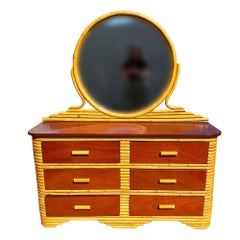 Restored Paul Frankl Style Stacked Rattan & Mahogany Lowboy Dresser w/ Mirror