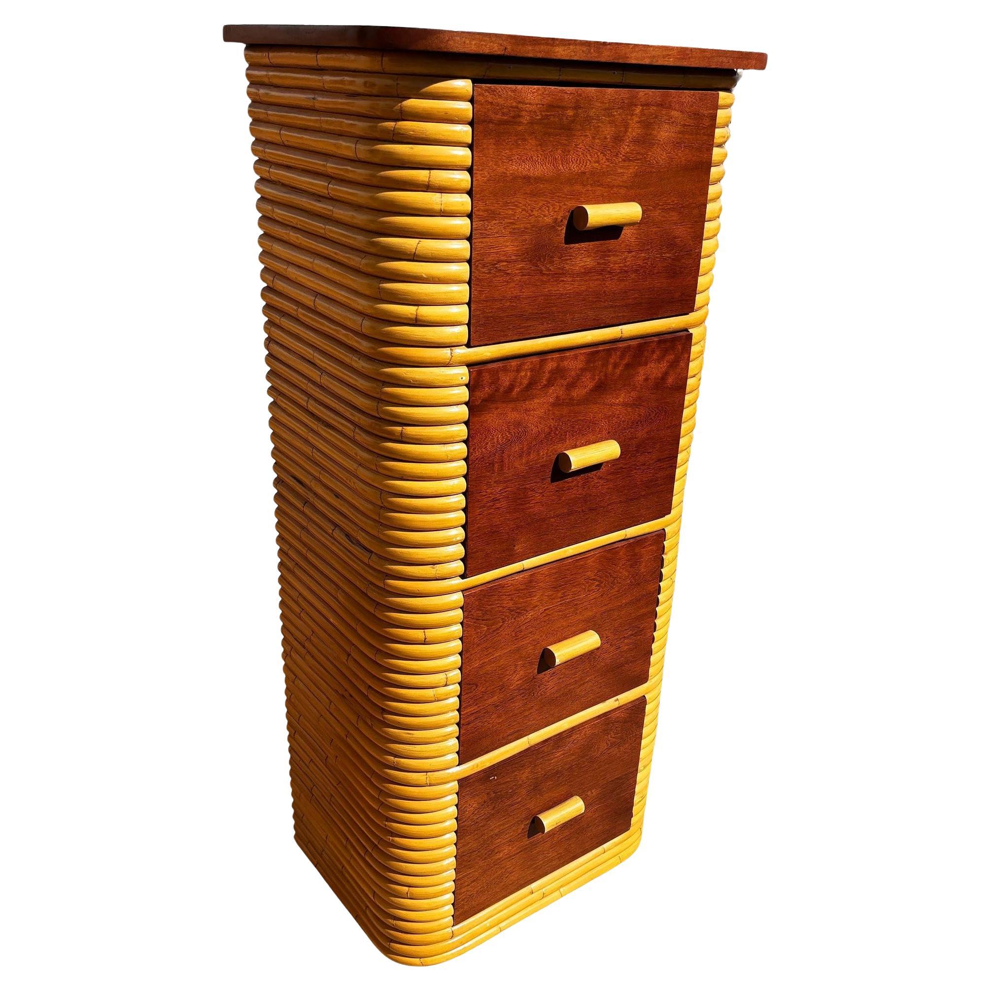 Restored Paul Frankl Style Stacked Rattan 
Mahogany Petite Chest of 4 Drawers