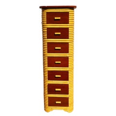 Restored Paul Frankl Style Stacked Rattan & Mahogany Petite Chest of 7 Drawers