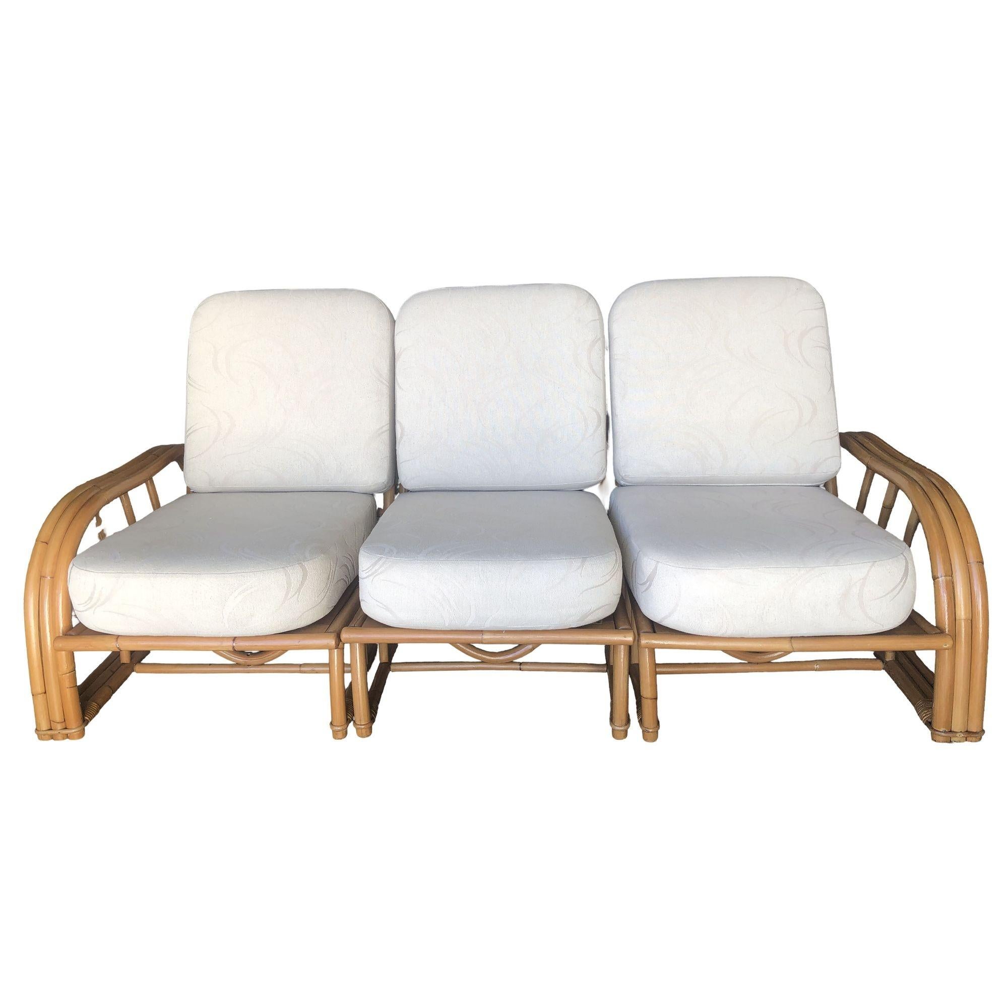Mid-Century Modern Restored Paul Laszlo 3-Strand 3 Seat Rattan Sectional Sofa w/ Open Base For Sale