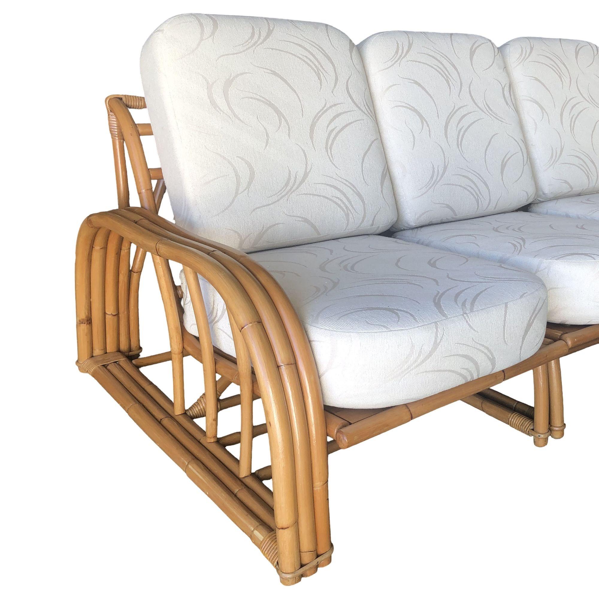 American Restored Paul Laszlo 3-Strand 3 Seat Rattan Sectional Sofa w/ Open Base For Sale