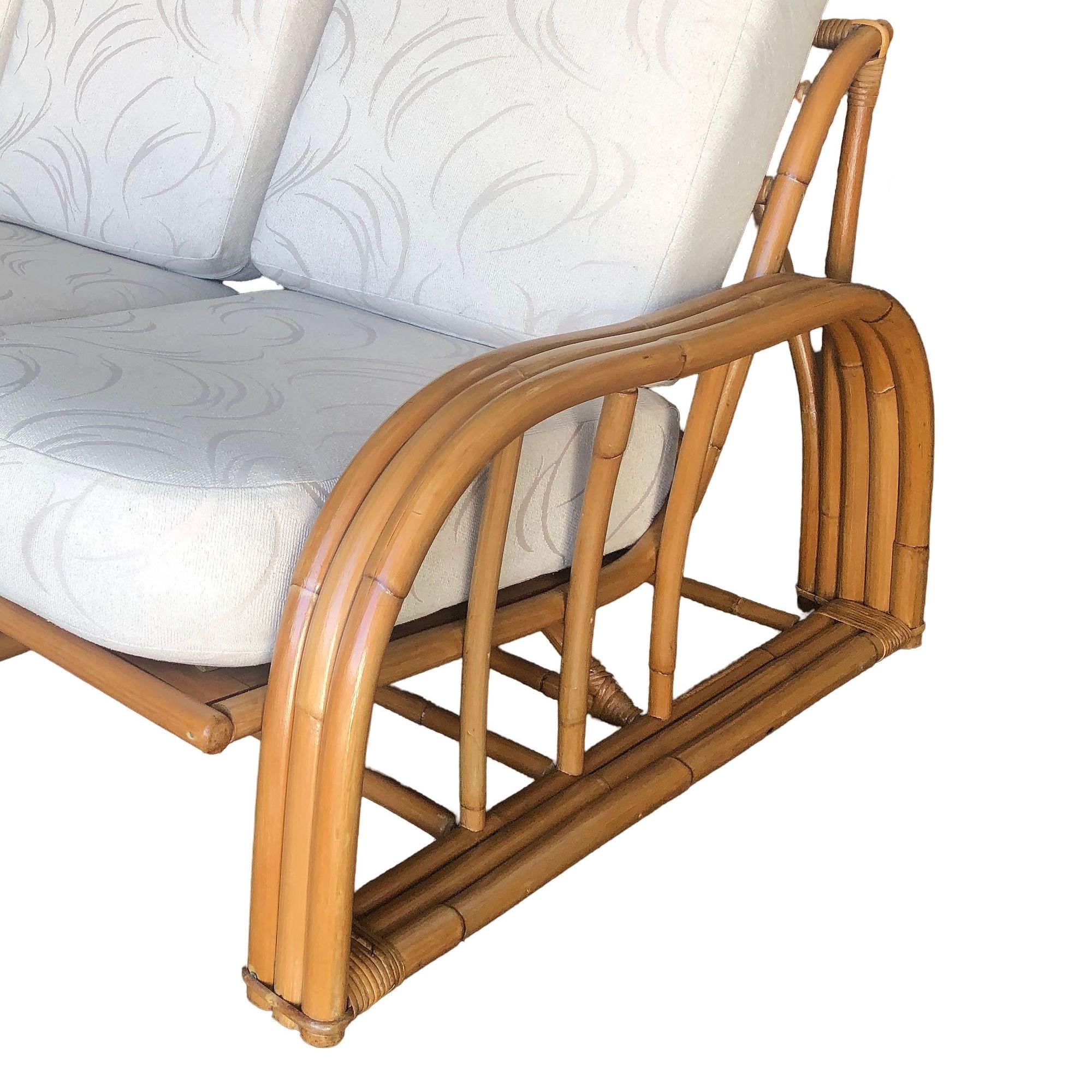 Restored Paul Laszlo 3-Strand 3 Seat Rattan Sectional Sofa w/ Open Base In Excellent Condition For Sale In Van Nuys, CA