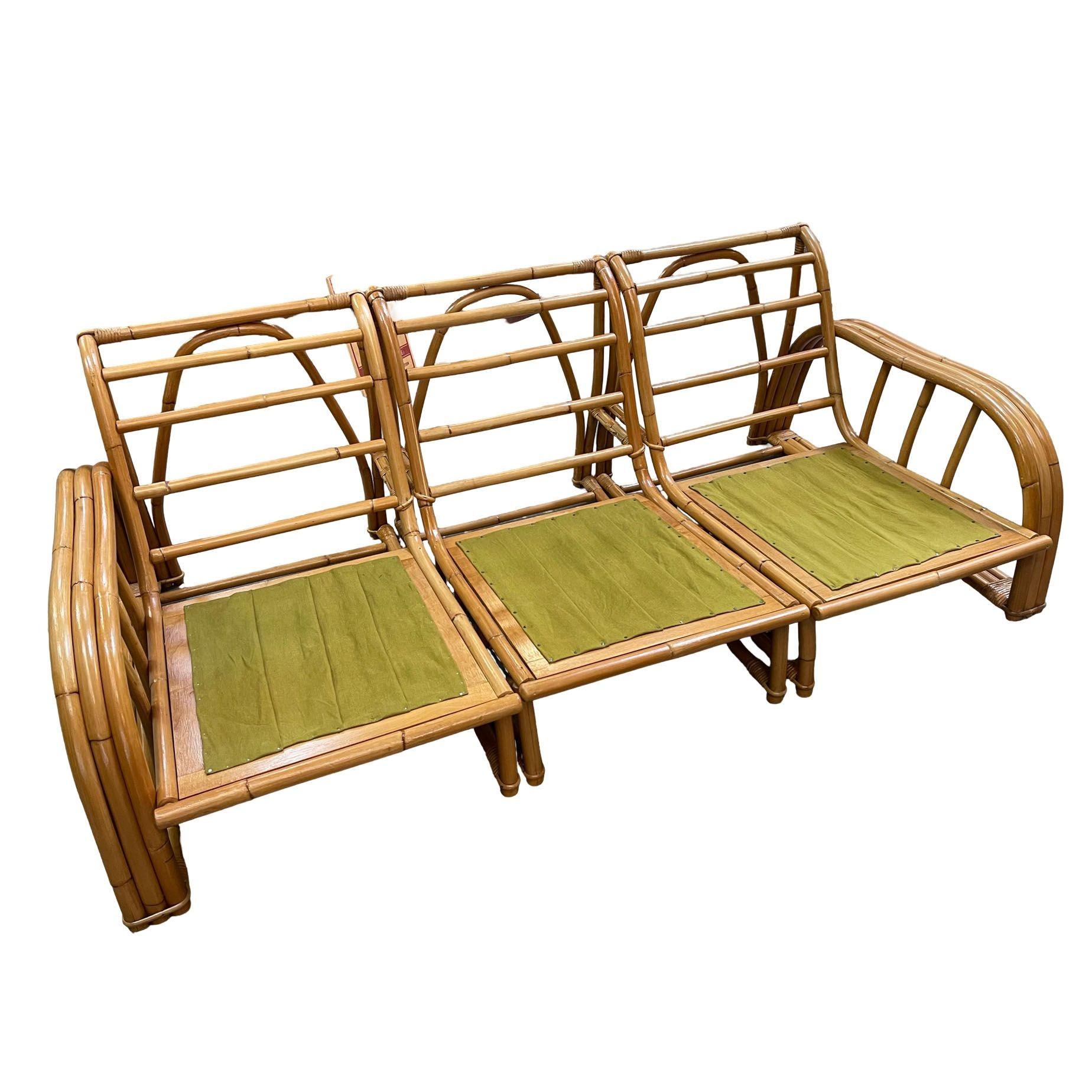 Restored Paul Laszlo 3-Strand 3 Seat Rattan Sectional Sofa w/ Open Base For Sale 1