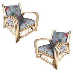 Restored Paul Laszlo Four-Strand Bent Arm Rattan Lounge Chair, Pair